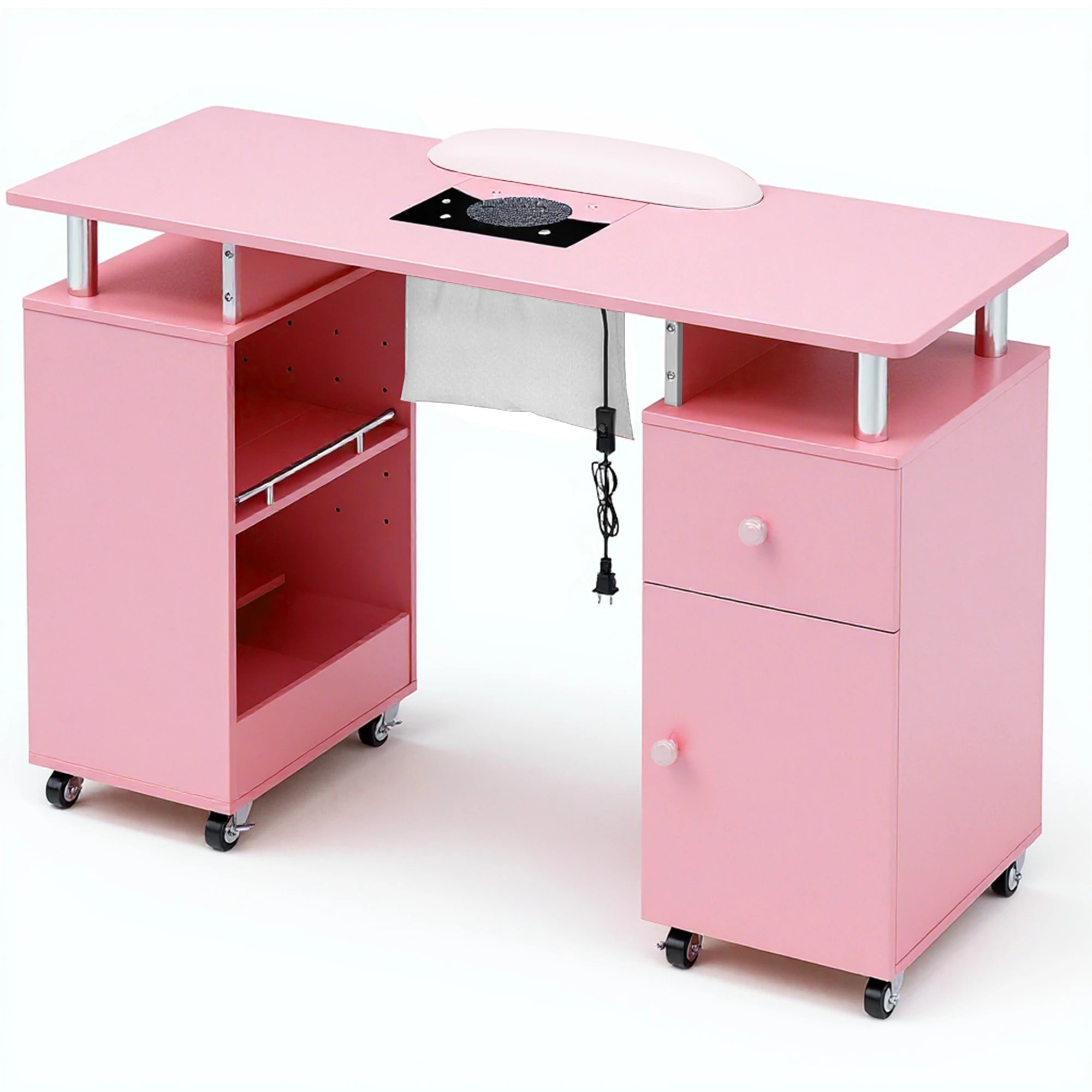 1 Advwin Manicure Table Vanity Desk for Nail Tech with Dust Collector Wrist Rest Lockable Wheels - Pink, 1 of 10