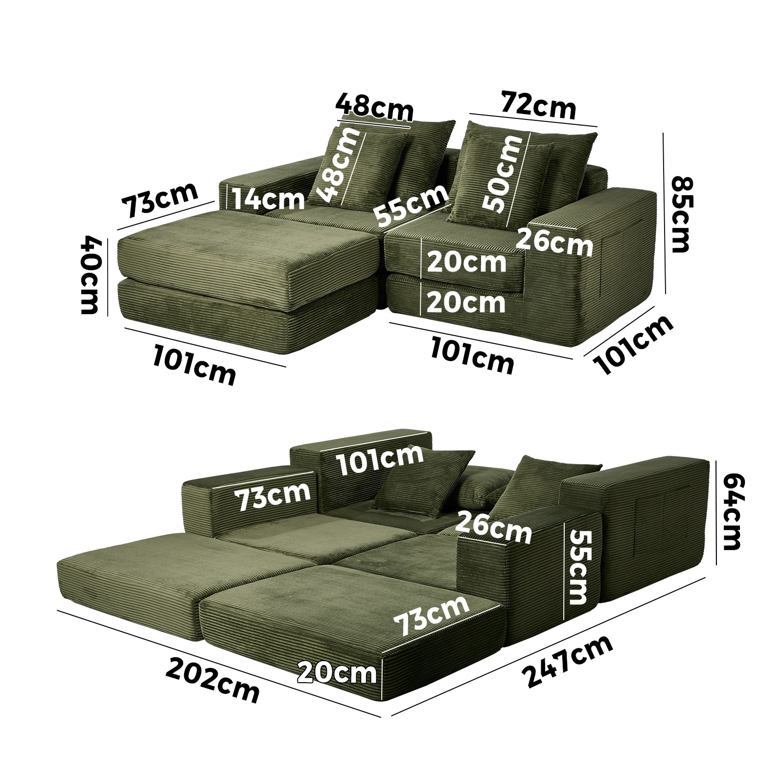 2 Oikiture Compressed Modular Sectional Sofa Corduroy - Green, 2 of 10