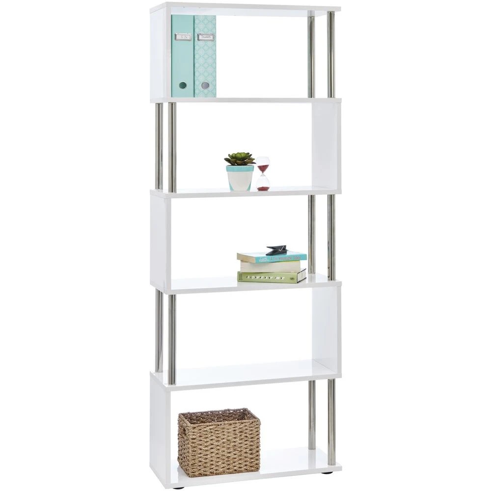 2 Halcyon Chrome and Gloss 5 Shelf Bookcase White Shelves Home Office Storage, 2 of 5