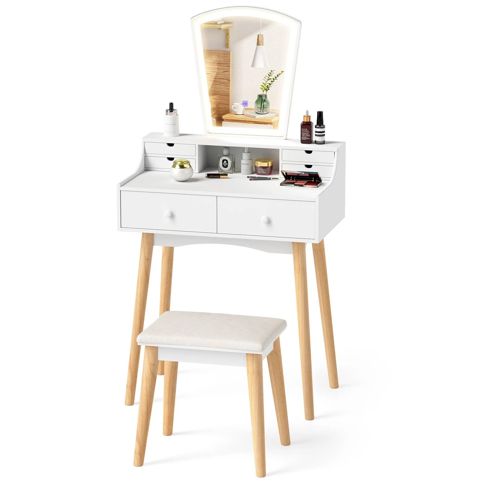 4 Costway Vanity Table Set Wood Dressing Vanity Table Set w/Mirror & Cushioned Stool, 4 of 4