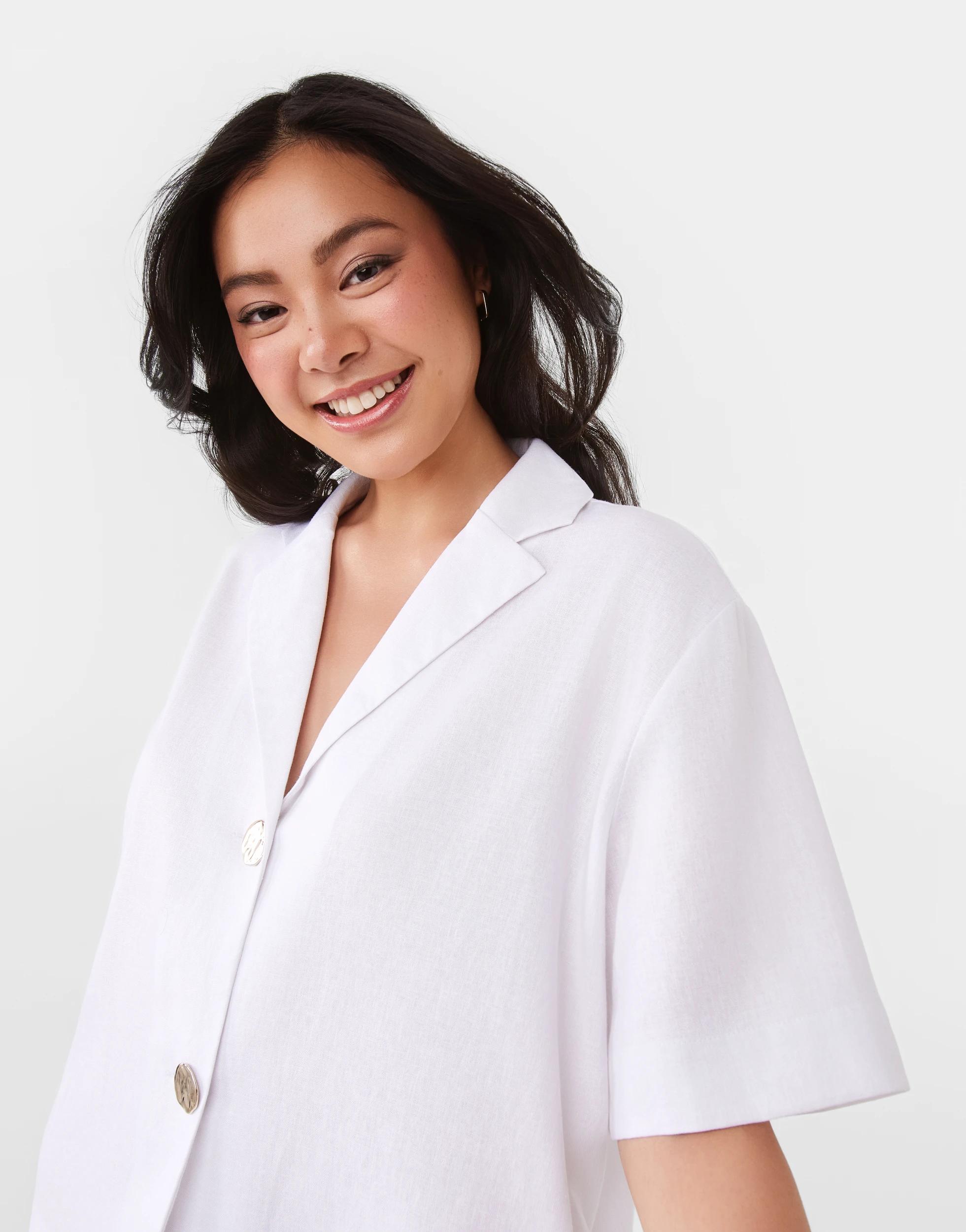 5 Short Sleeve Linen Blend Gold Button Top White, 5 of 10