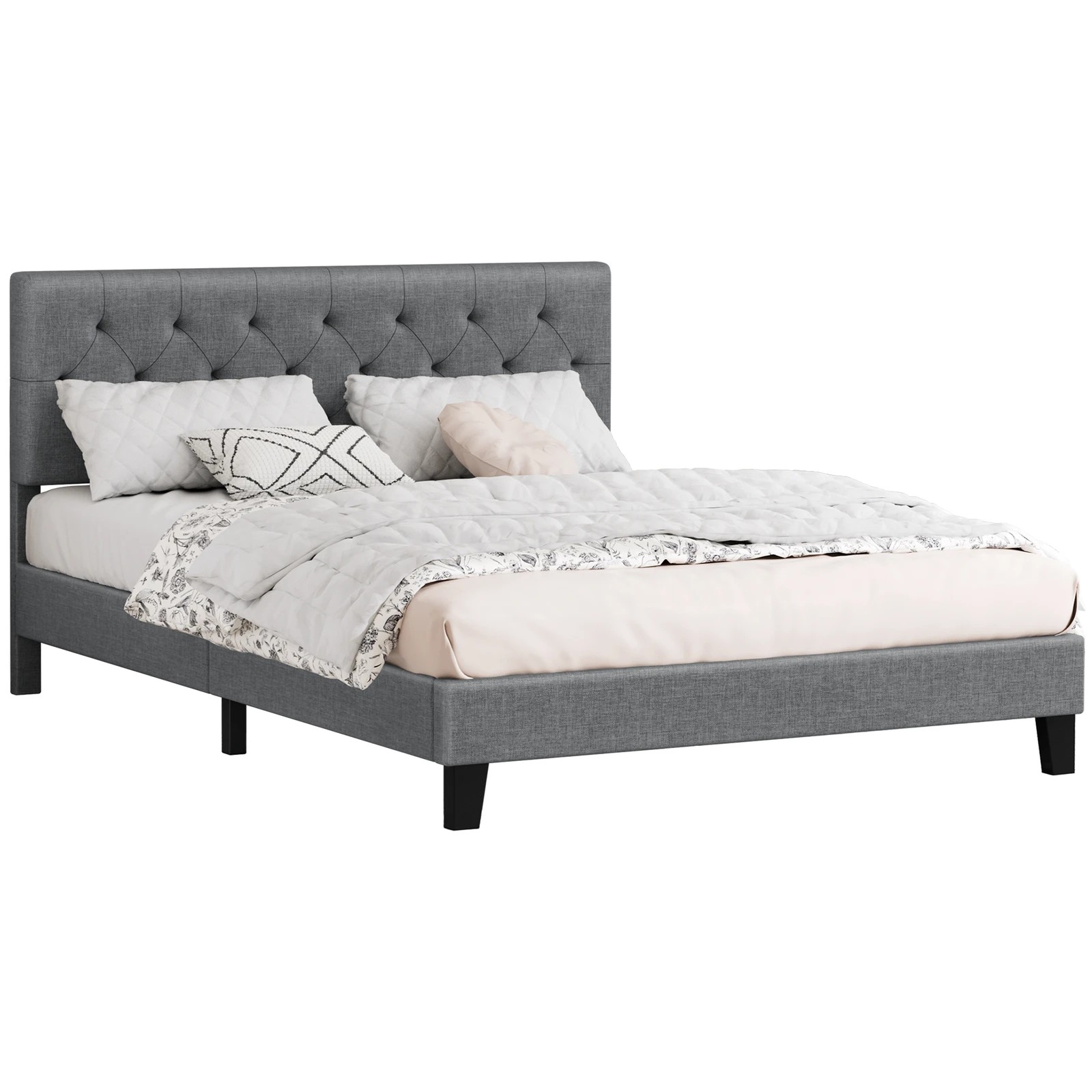 1 Alfordson Bed Frame Queen Size Tufted Headboard Modern Fabric Meduna - Grey, 1 of 9