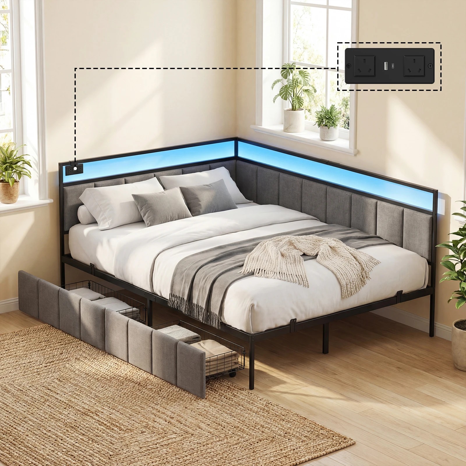 8 Advwin Double Corner Bed Frame with Charging Station and LED Light - Grey, 8 of 10