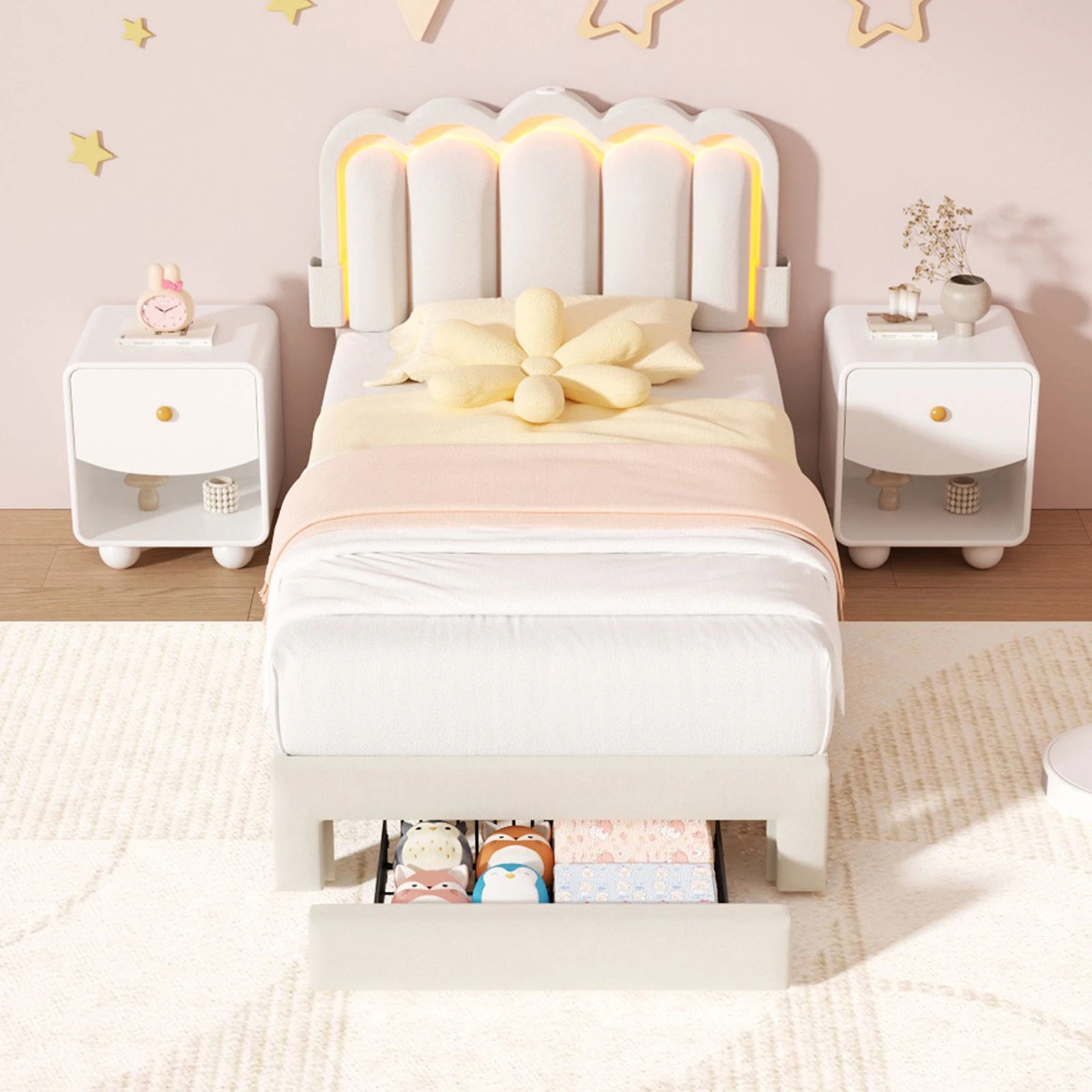 2 Advwin LED Bed Frame with Adjustable Headboard and Drawer USB Velvet King Single - Beige, 2 of 7