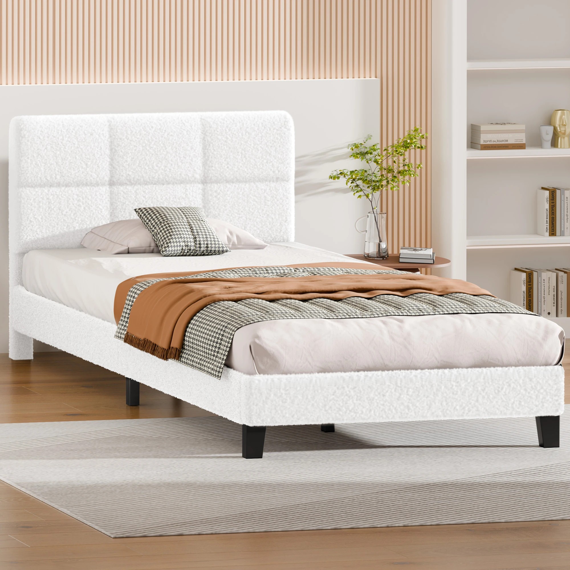 5 Alfordson Bed Frame Single Size Tufted Headboard Boucle - White, 5 of 9