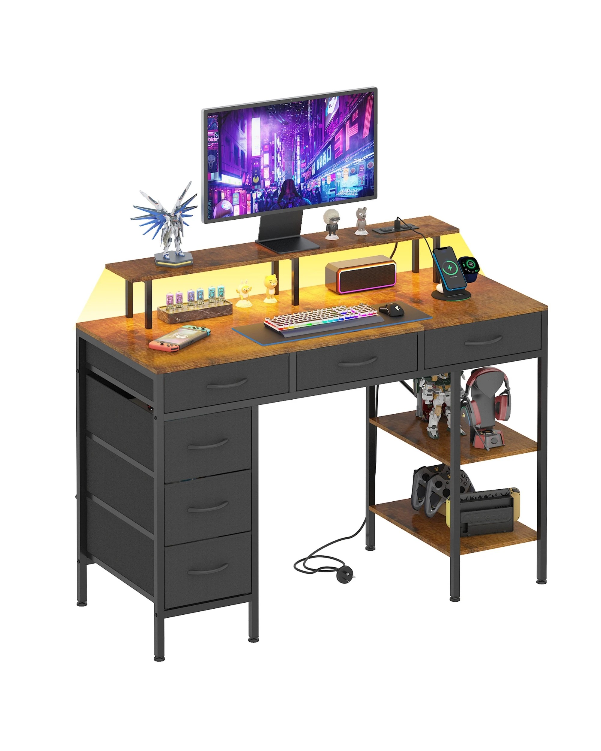 6 Advwin Gaming Desk with LED Lights & Power Outlets, 120cm Computer Desk with 6 Fabric Drawers, 6 of 9