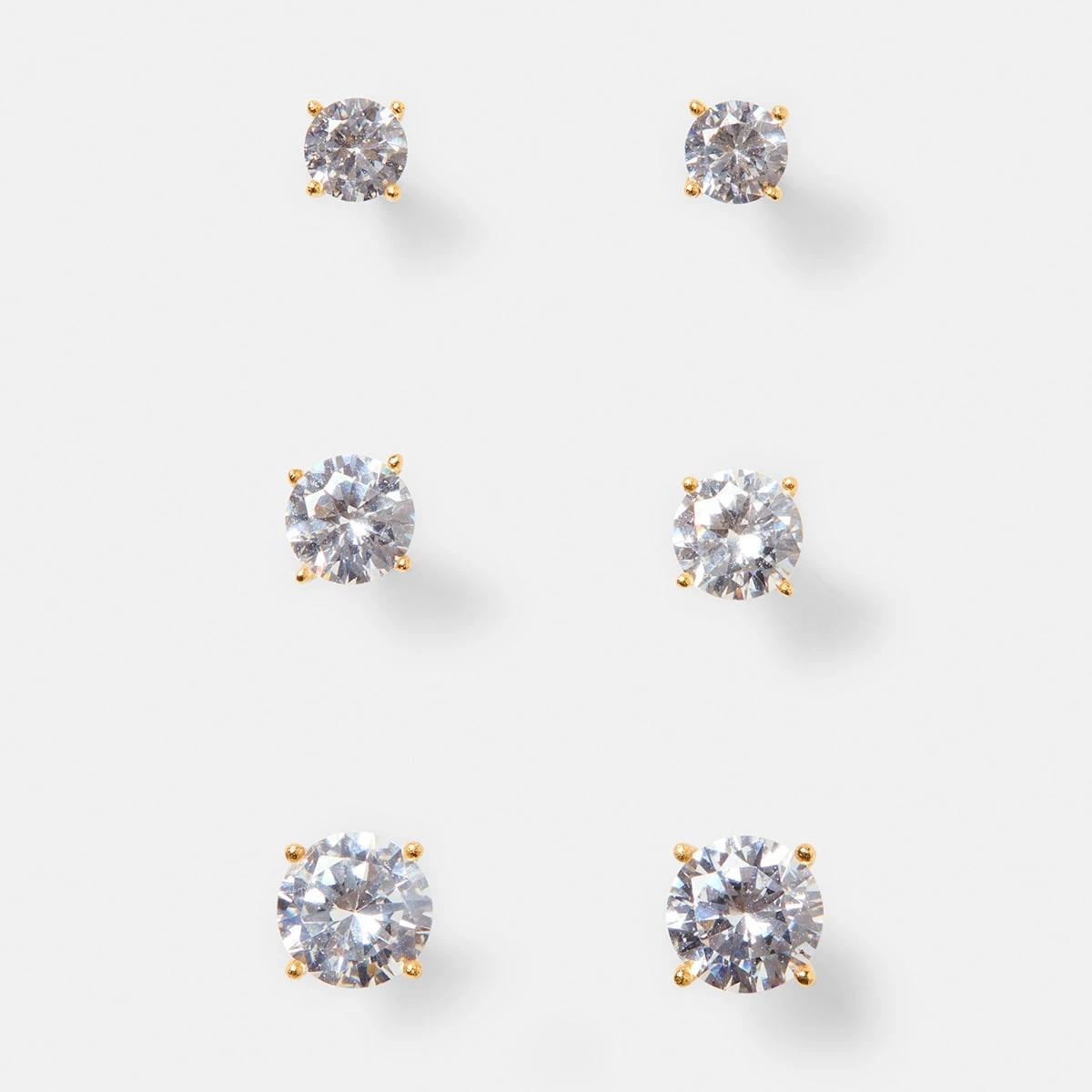 1 3 Pack Gold Plated Sterling Silver Diamante Stud Earrings Gold, 1 of 5
