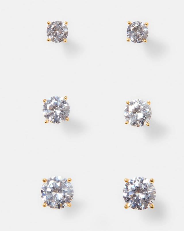 3 Pack Gold Plated Sterling Silver Diamante Stud Earr