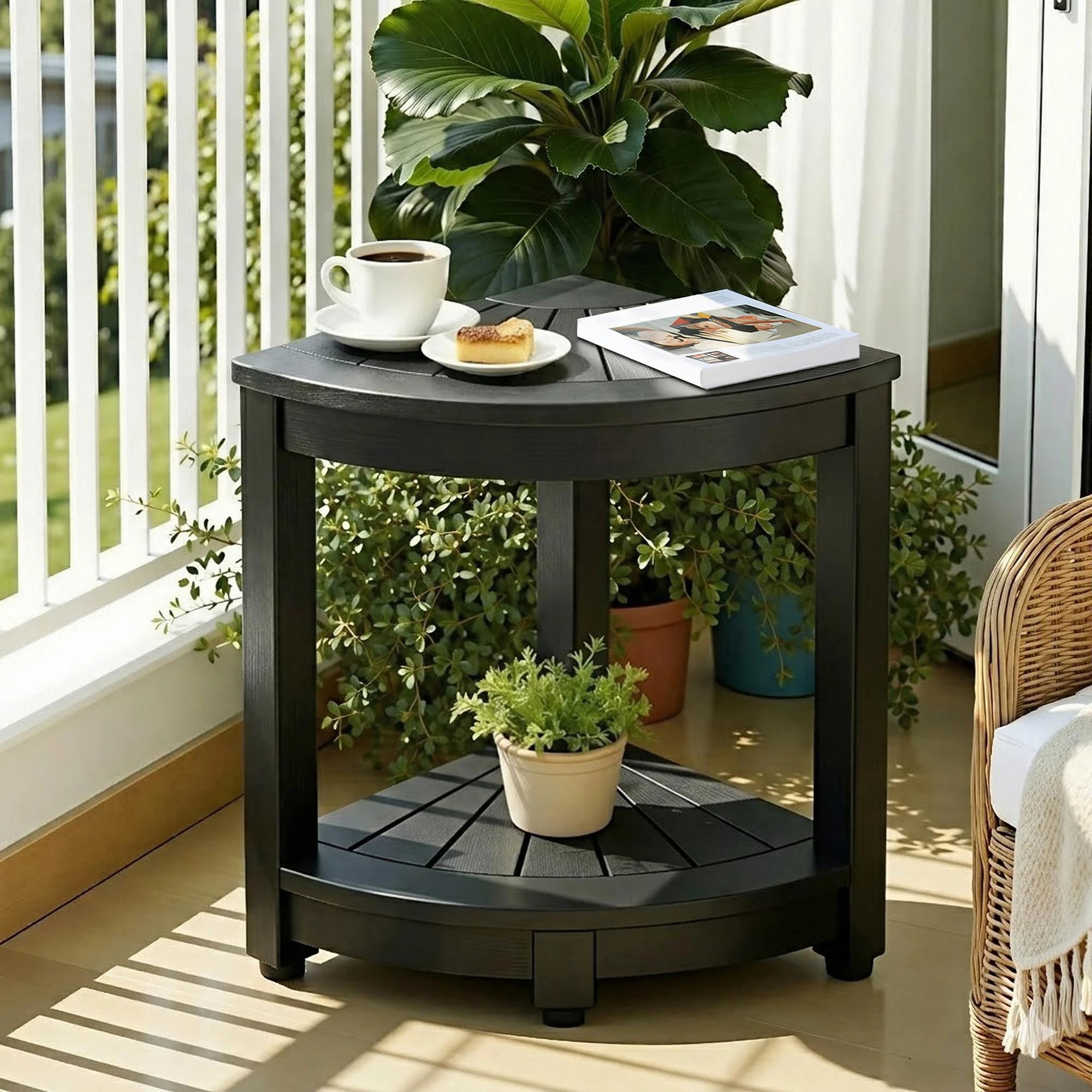 8 Gardeon Outdoor Coffee Side Table HDPE Desk Corner Shower Stool Bench Seat with Storage Shelf - Black, 8 of 8