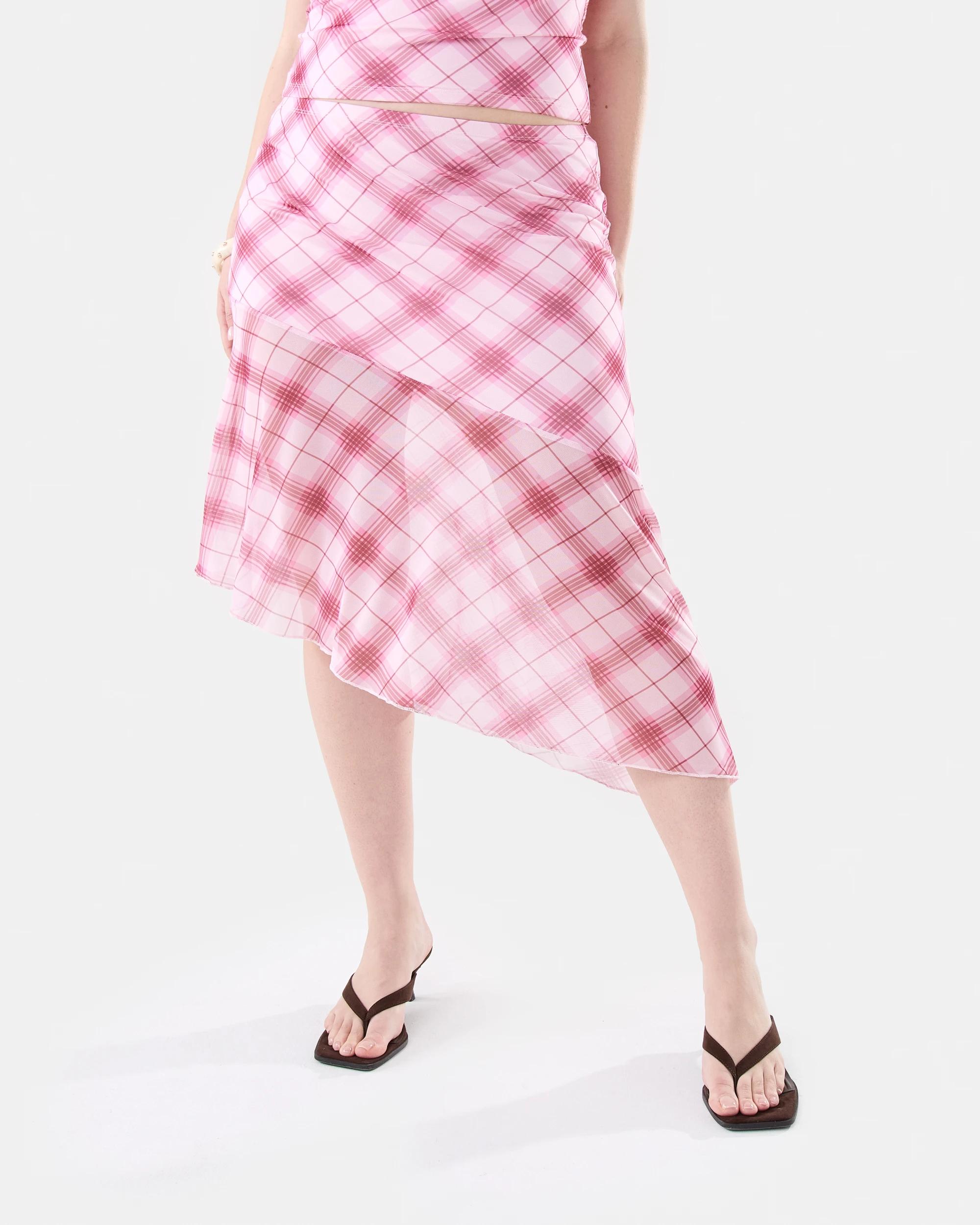 3 Mesh Asymmetrical Print Skirt Pink Check, 3 of 8