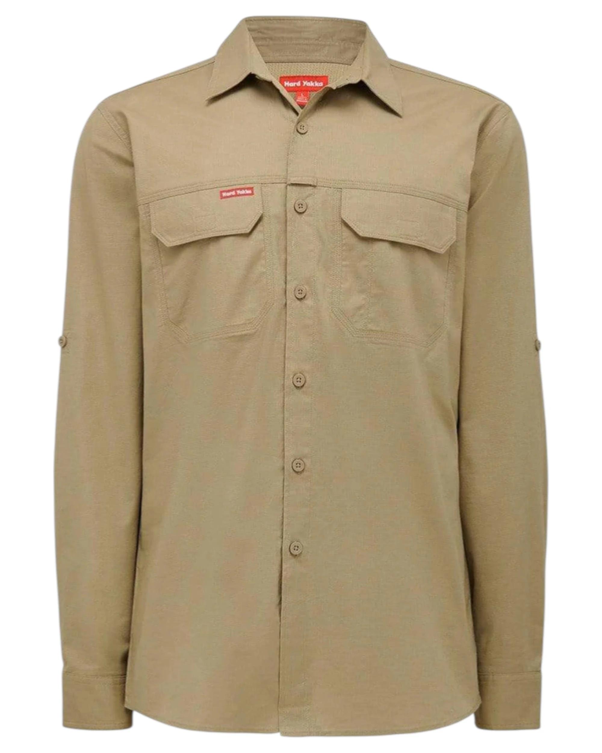 2 Hard Yakka Mens Flex Ripstop Long Sleeve Shirt Work Wear Khaki Y04305 KHAKI, 2 of 8