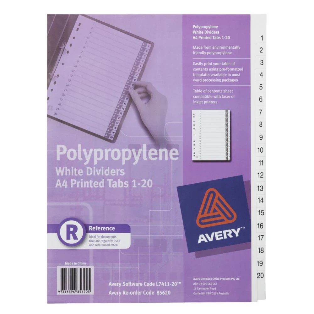 2 Avery Polypropylene A4 Printed Tabs Dividers 1 -20 White, 2 of 2