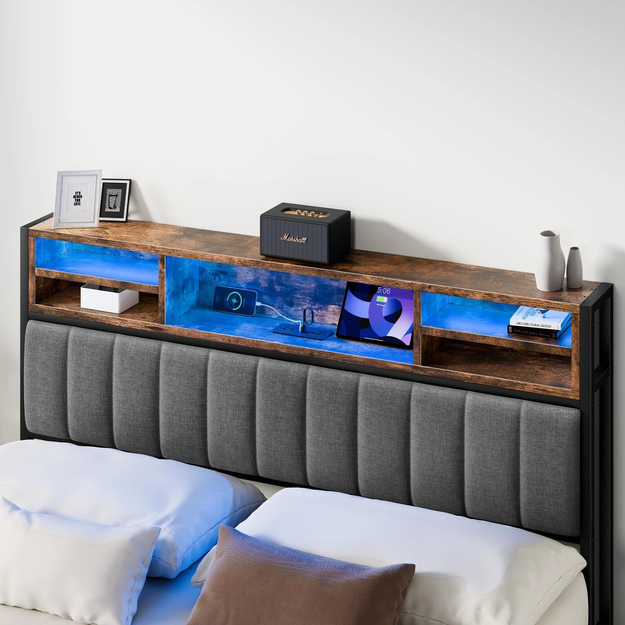 5 Alfordson Bed Frame Double LED Charging Station Linen - Grey, 5 of 10