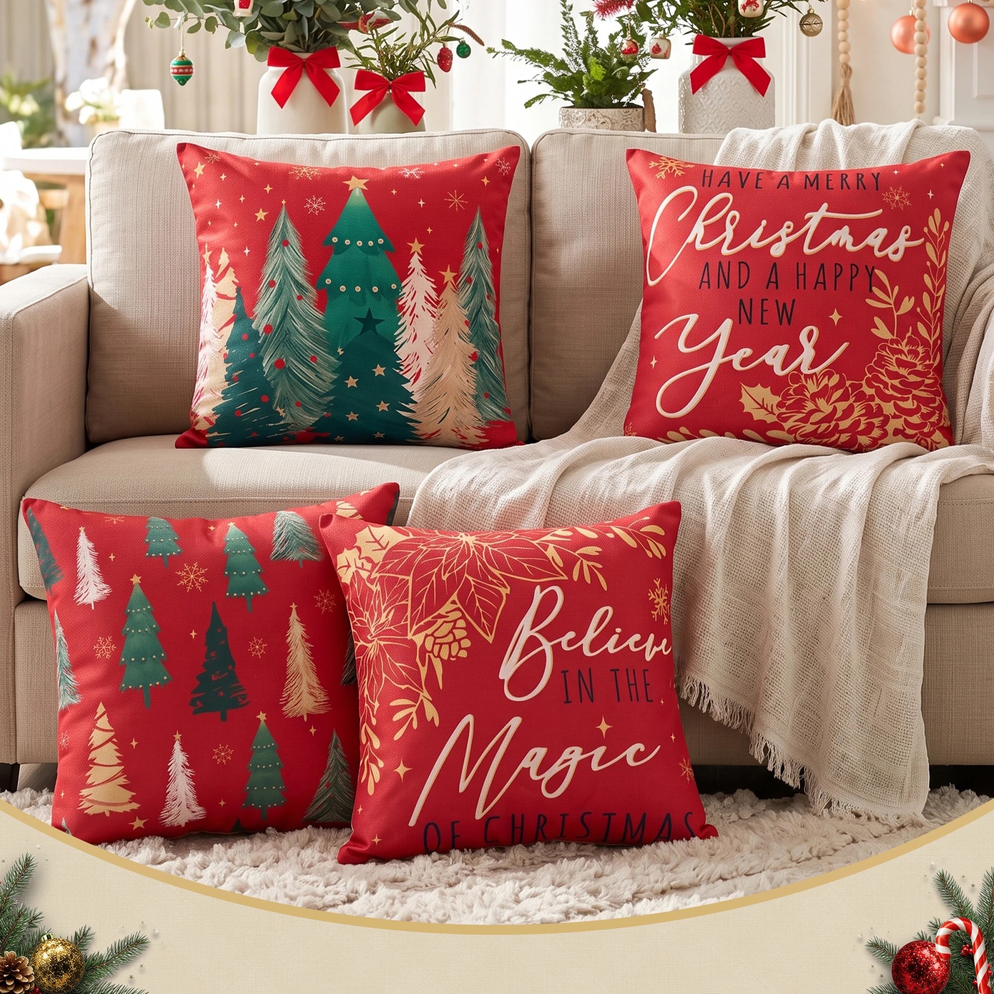 7 Jingle Jollys Christmas Cushion Covers Set of 4 Pillow Covers 45x45cm With 4 Cute Patterns Christmas Decor - Multi, 7 of 8