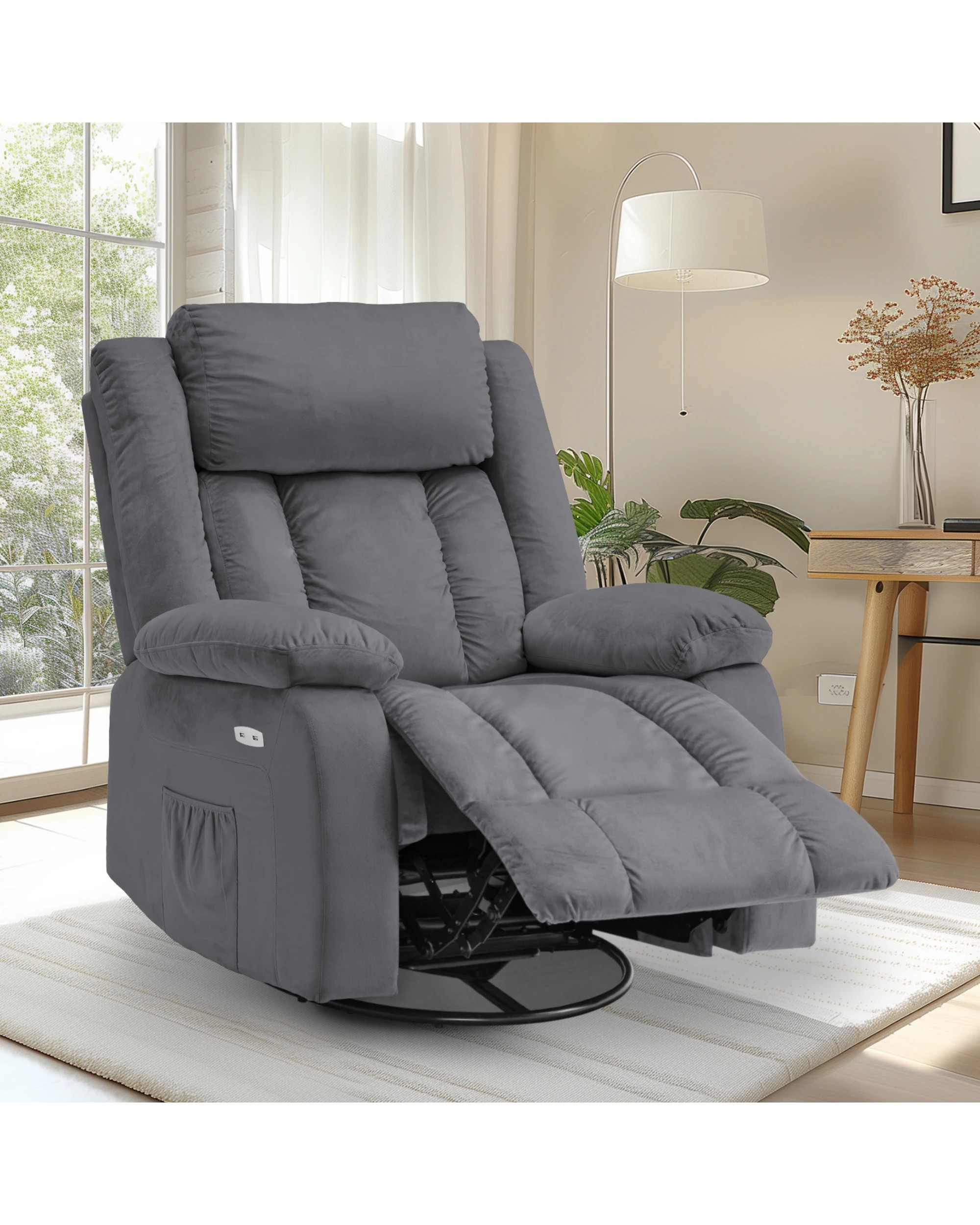 4 Advwin Recliner Chair Electric Heat Massage Chair Lounge Armchair Rotatable Velvet Grey, 4 of 8