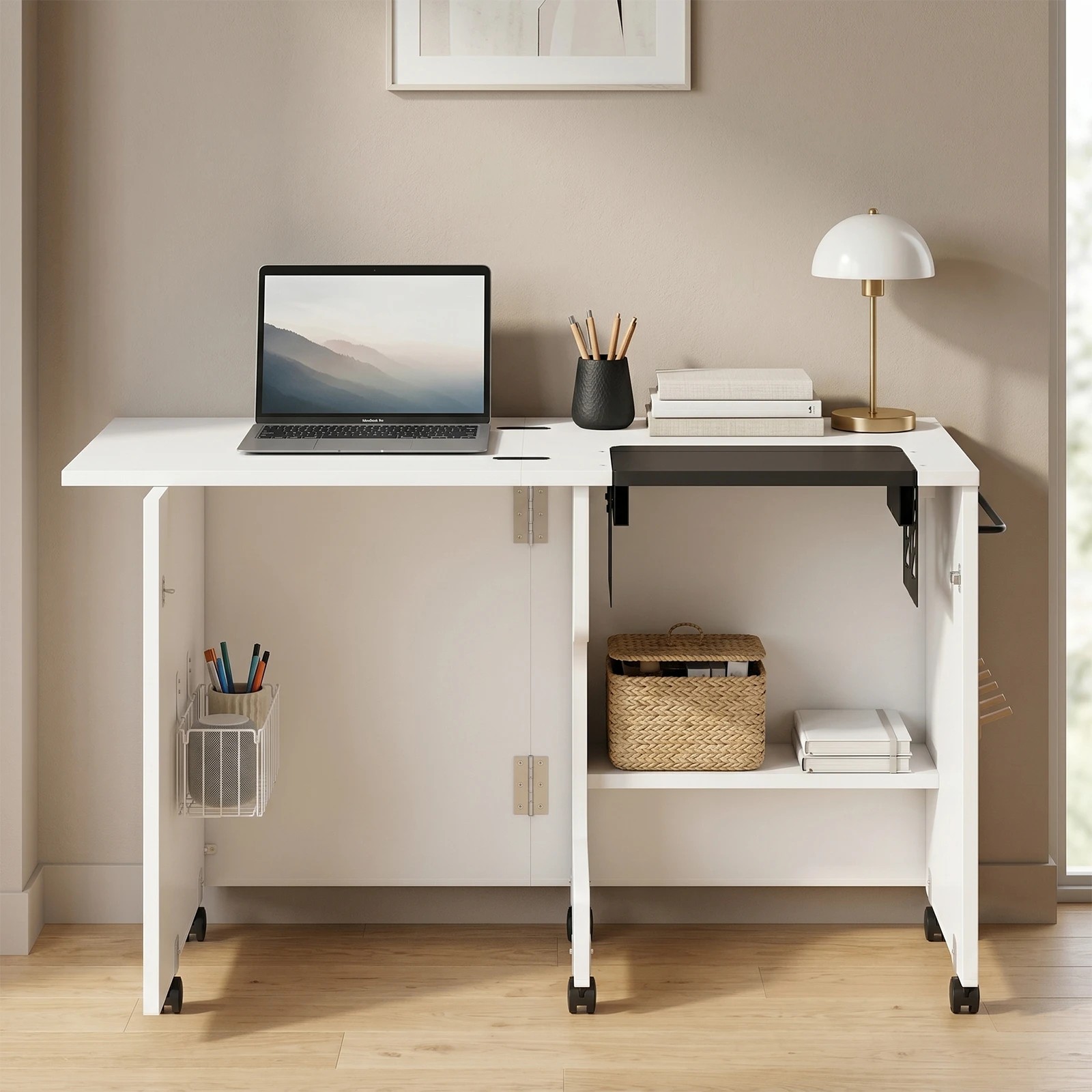 9 Advwin Folding Sewing Table with Adjustable Platform Lockable Wheels Thread Rack Storage Bin Shelf - White, 9 of 9