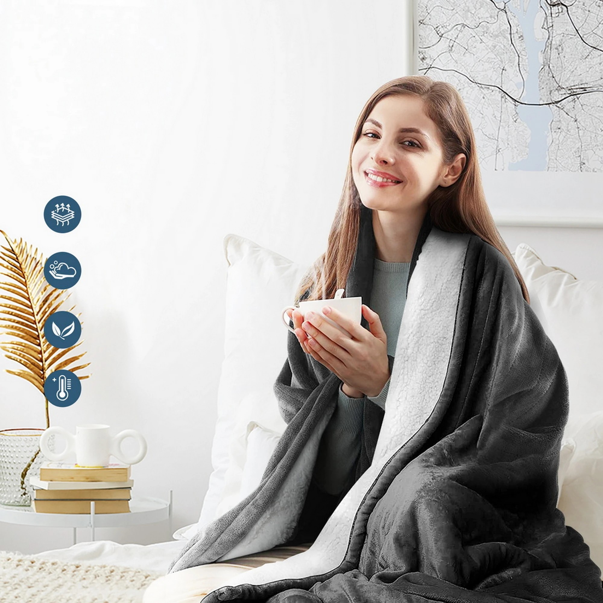 6 Giselle Electric Throw Rug Heated Blanket Double Sided - Grey, 6 of 8