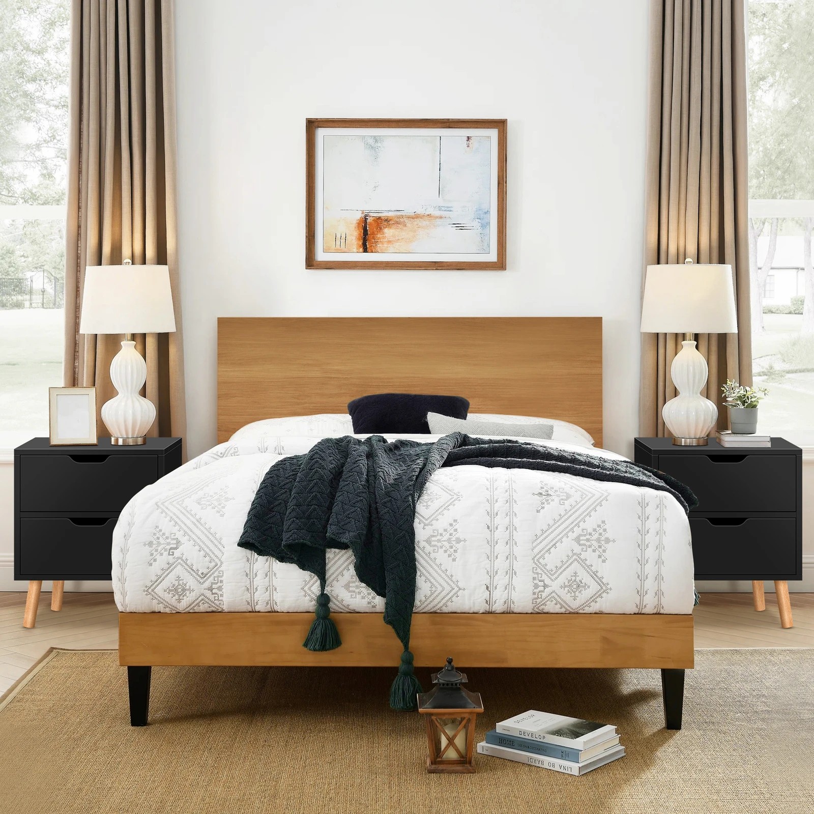 3 Alfordson 2x Bedside Table Nightstand Side Table 2 Drawers - Black, 3 of 10