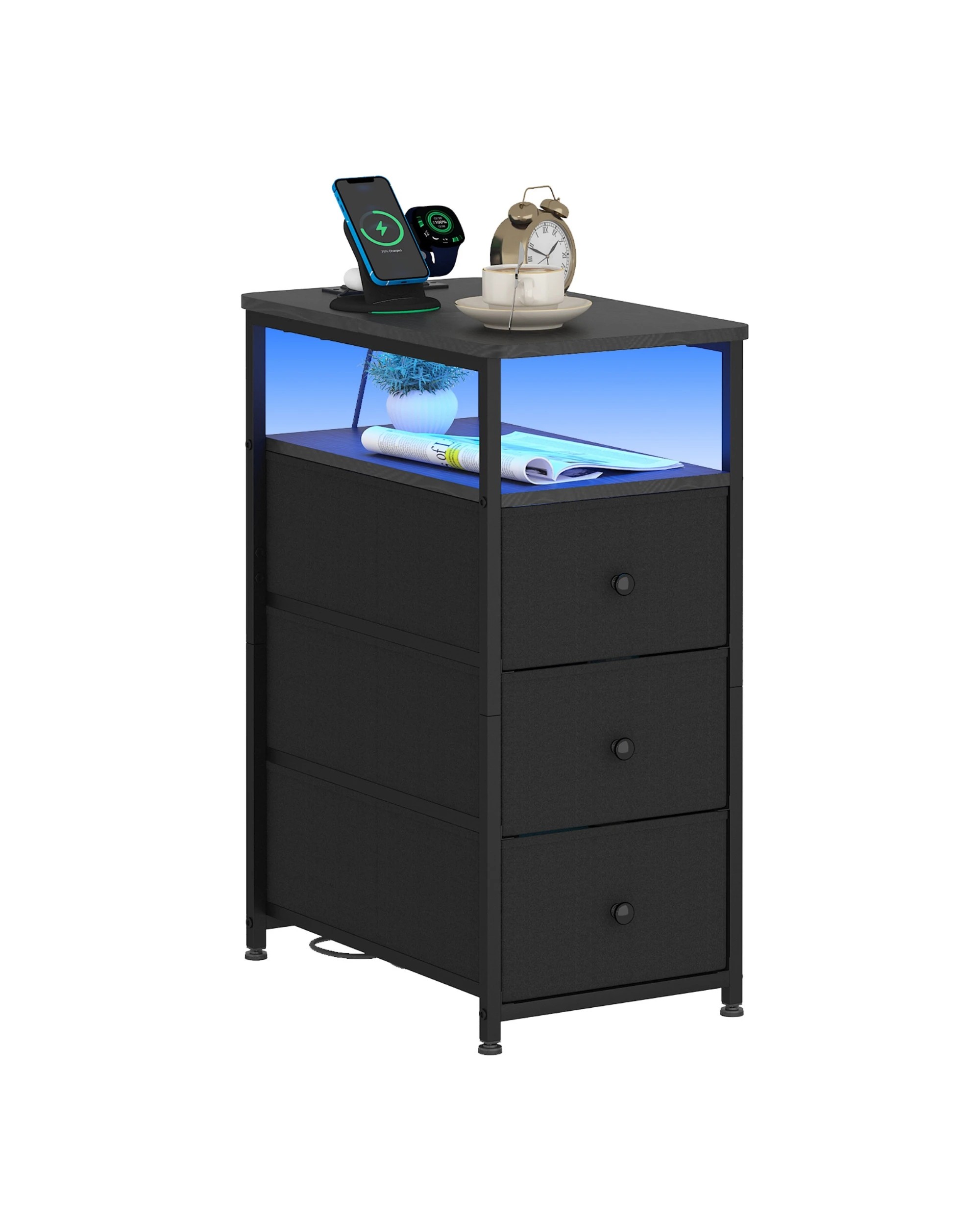 1 Advwin LED End Table Sofa Side Table with Charging Station and Drawers Narrow Bedside Table, 1 of 10