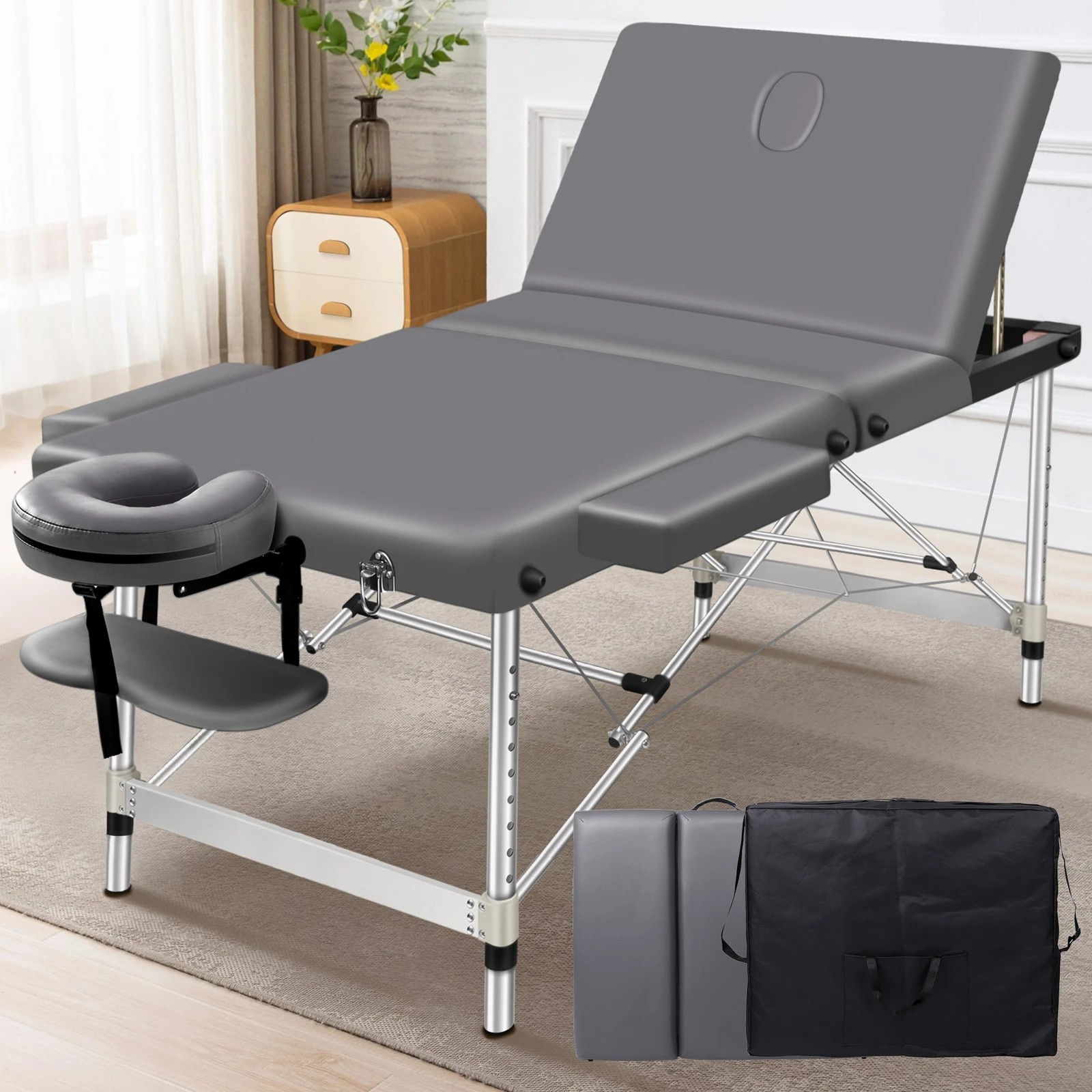 2 Alfordson Massage Table 3 Fold 75cm Foldable Portable Aluminium Lift Up Bed Desk - Grey, 2 of 4
