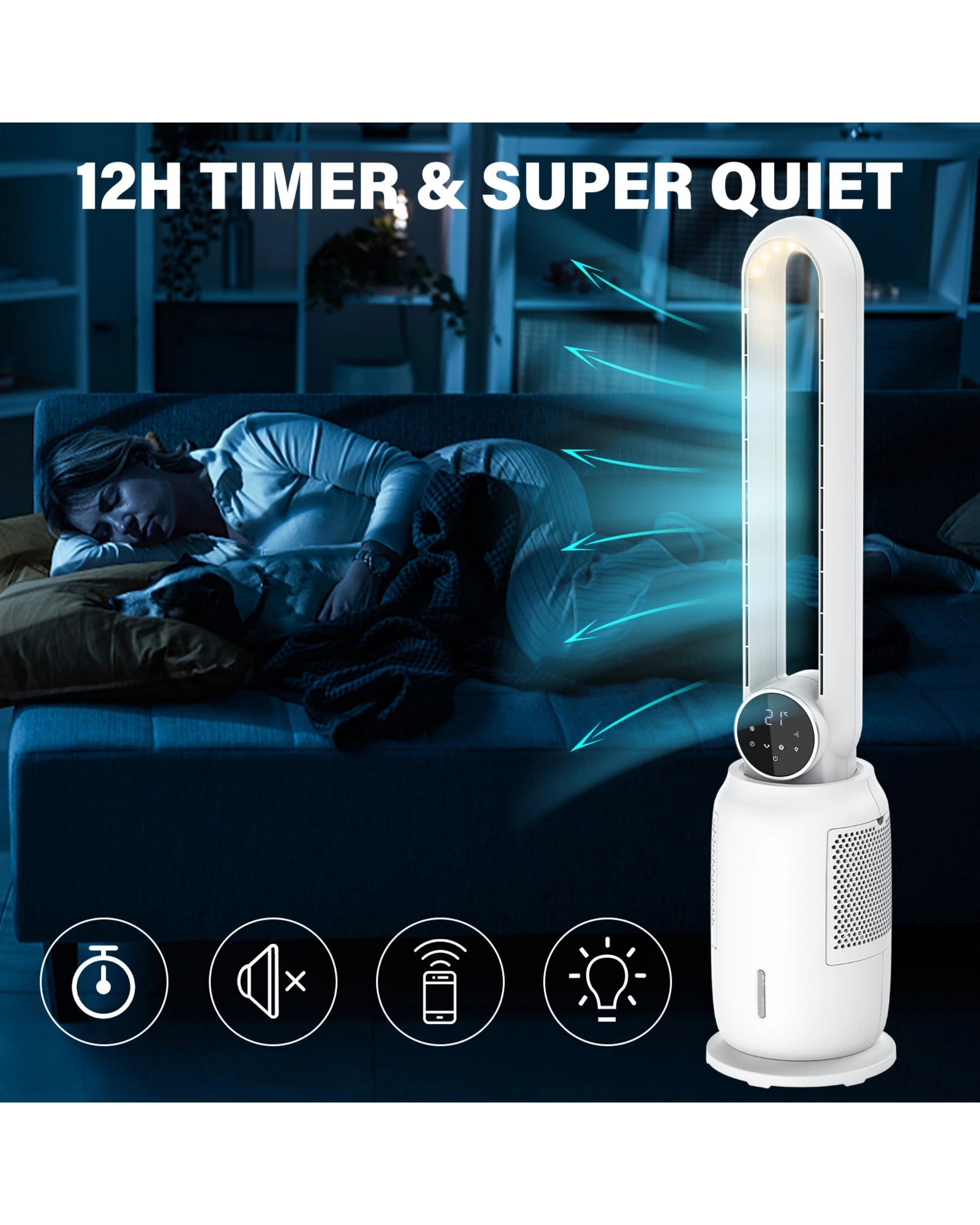 5 Advwin Bladeless Fan, 2.5l Evaporative Air Cooler With 3 Speeds, Remote Control, Night Light, Electric Purifying Fan, 5 of 7