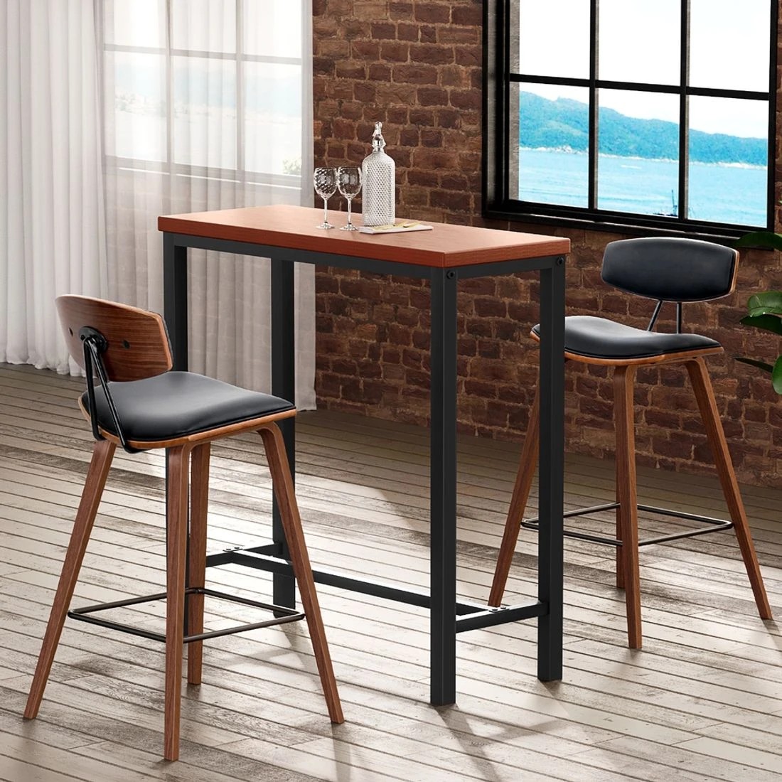 3 Artiss Bar Table and Stools Set Dining Desk Kitchen Chairs Cafe Pub - Brown, 3 of 8