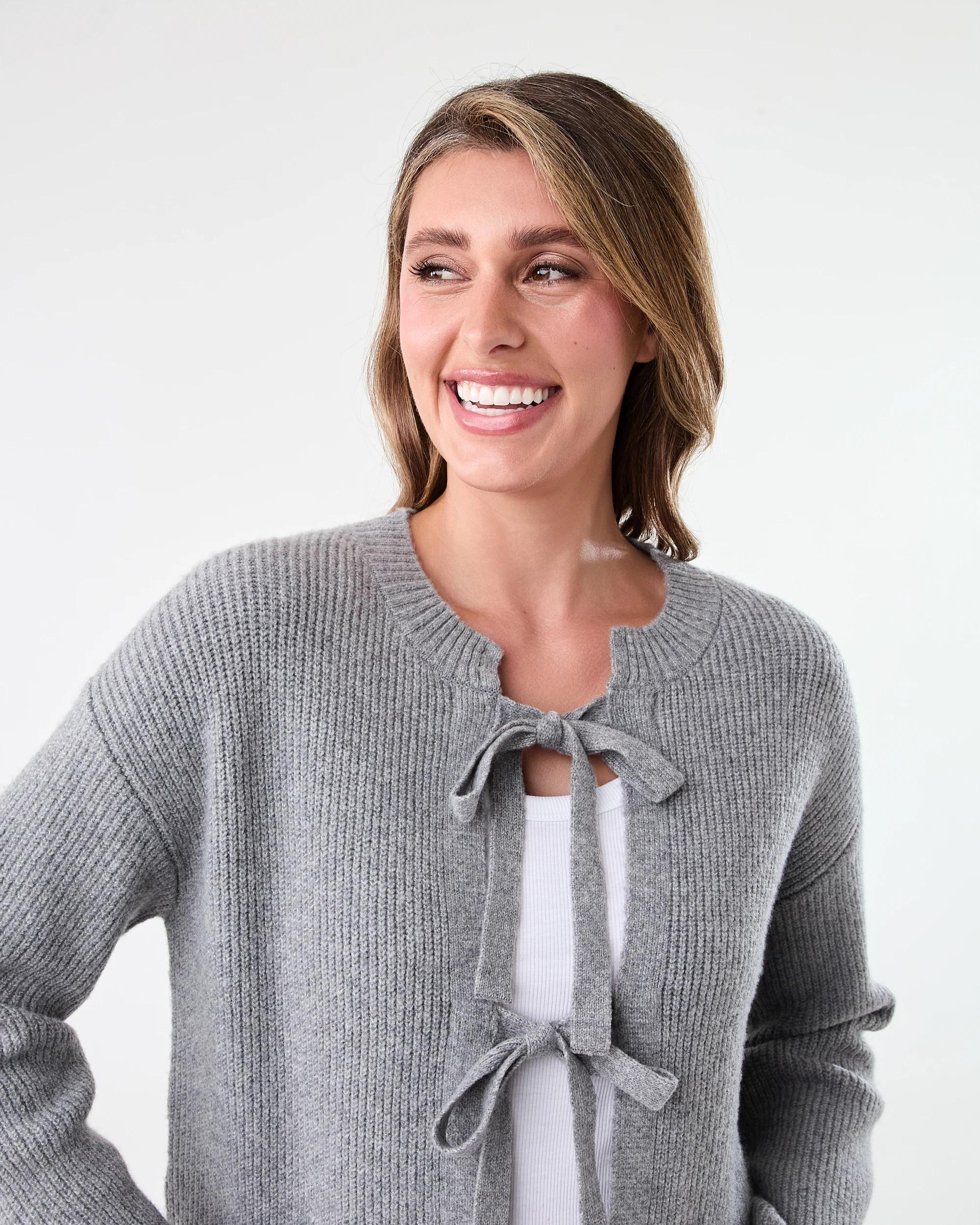 4 Tie Up Ribbed Cardigan Grey Marle, 4 of 8