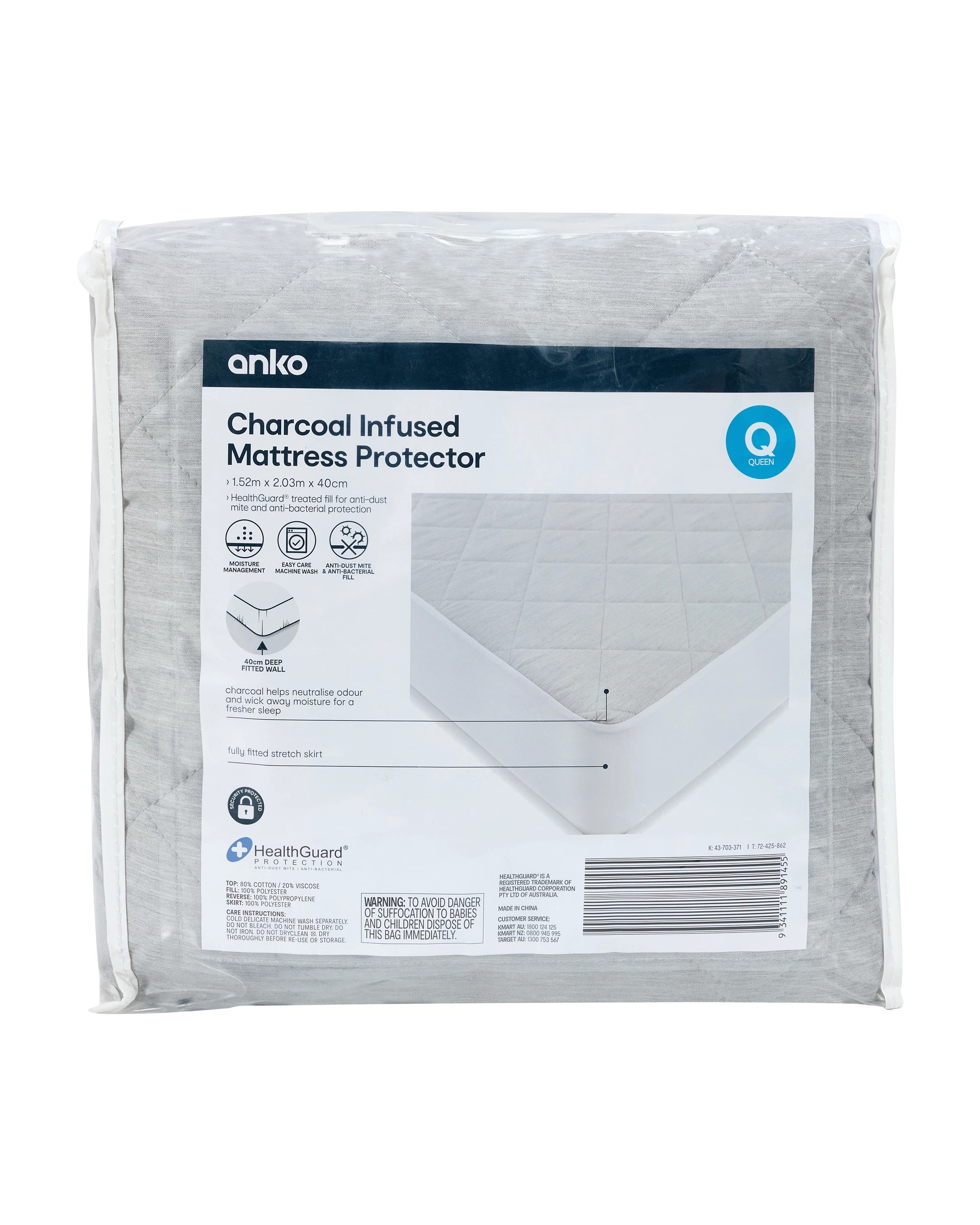 1 Charcoal Infused Mattress Protector - Queen Bed, Grey, 1 of 4