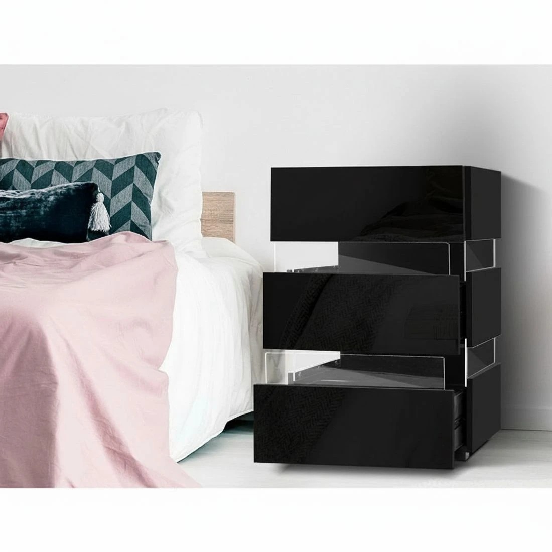 6 Artiss 2x Bedside Table LED 3 Drawers - LUMI - Black, 6 of 8