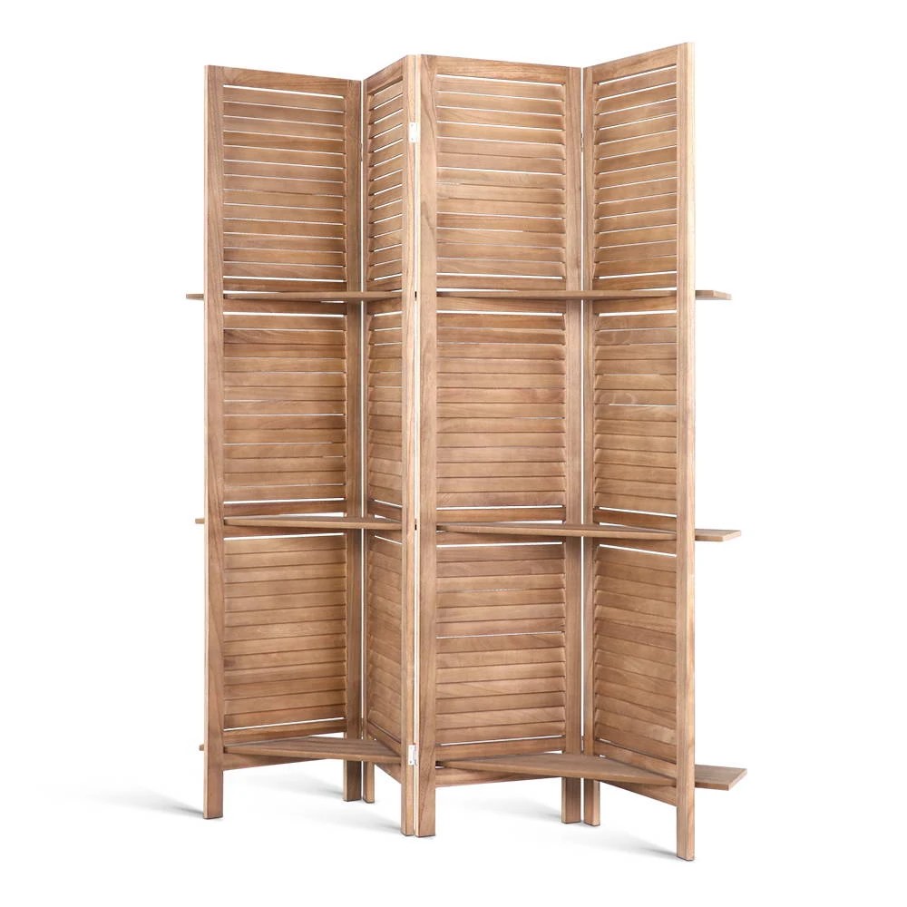1 Artiss 4 Panel Room Divider Screen 163x170cm Shelf Oak - Brown, 1 of 8