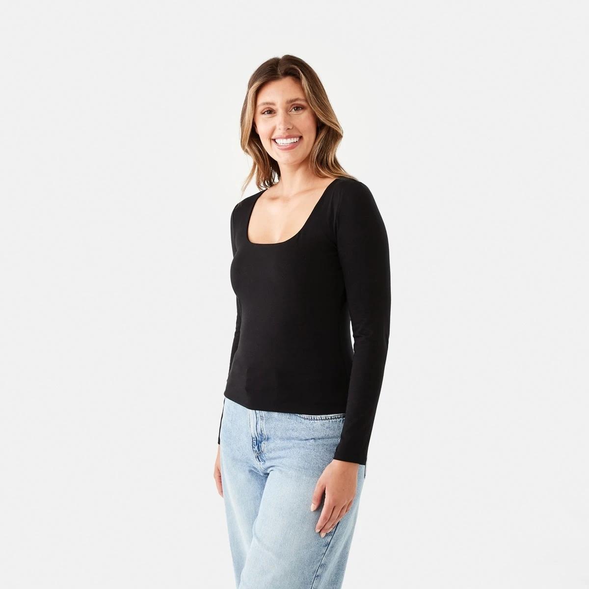 3 Long Sleeve Square Neck Top Black, 3 of 7