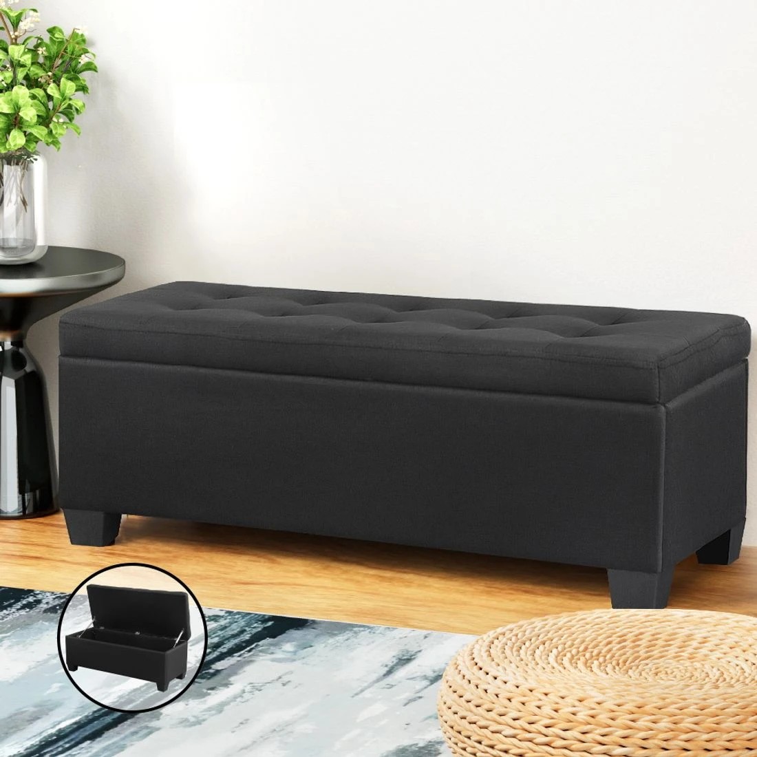 3 Artiss Storage Ottoman Blanket Box 97cm Linen - Black, 3 of 7