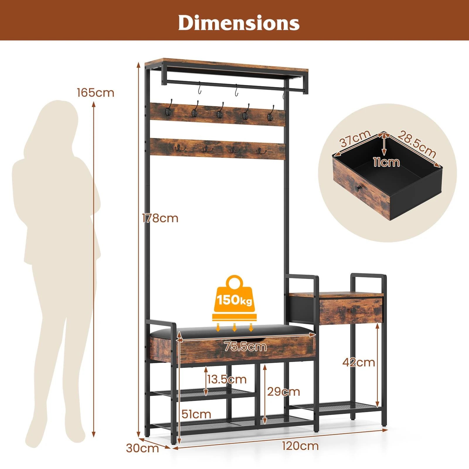 7 Costway Clothes Rack Coat Stand Garment Rack w/Shoe Storage Bench Hall Tree 180cm, 7 of 10