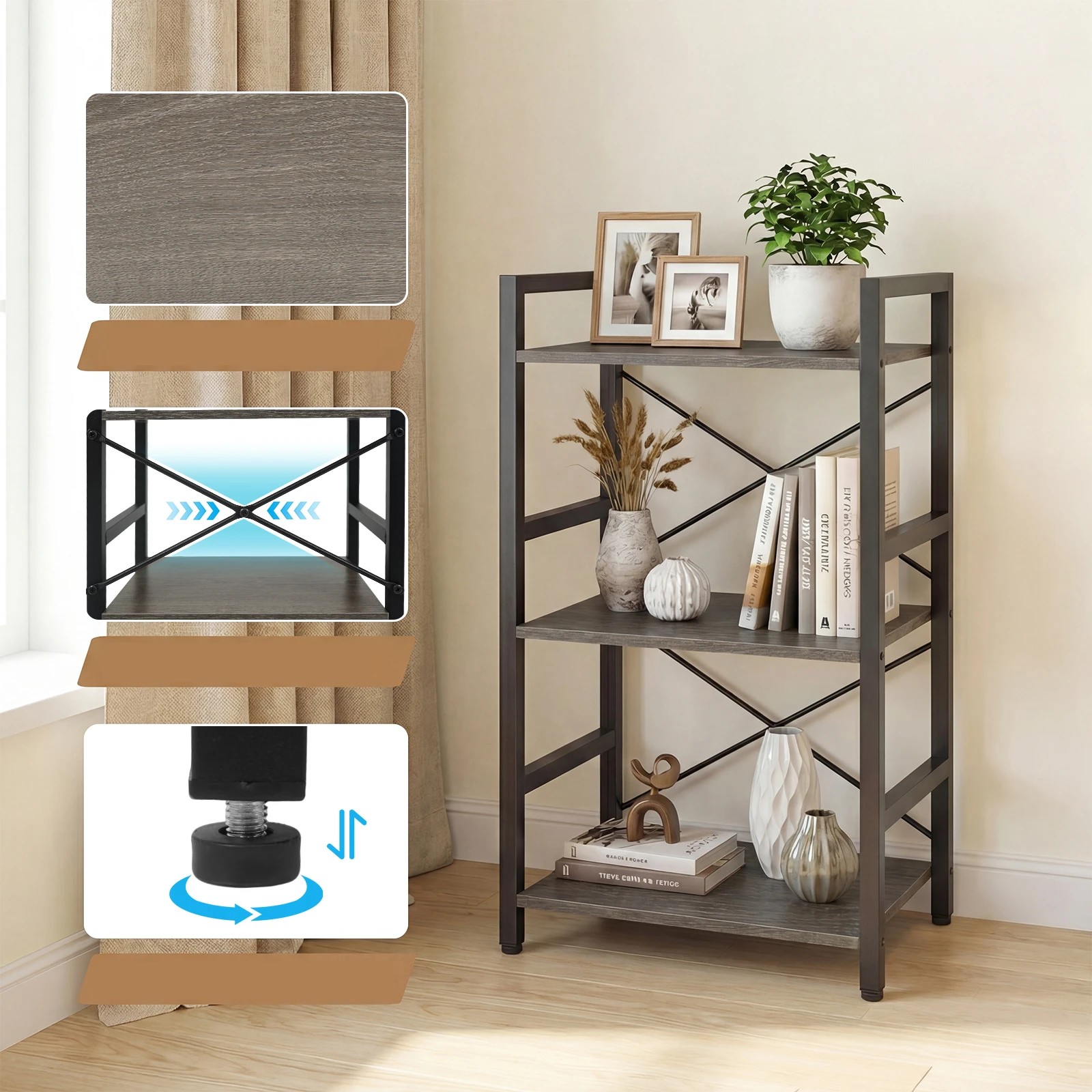 4 Costway 3-Tier Bookshelf Narrow Display Shelf Wooden Storage Racks Metal Bookcase Organiser - Grey, 4 of 6