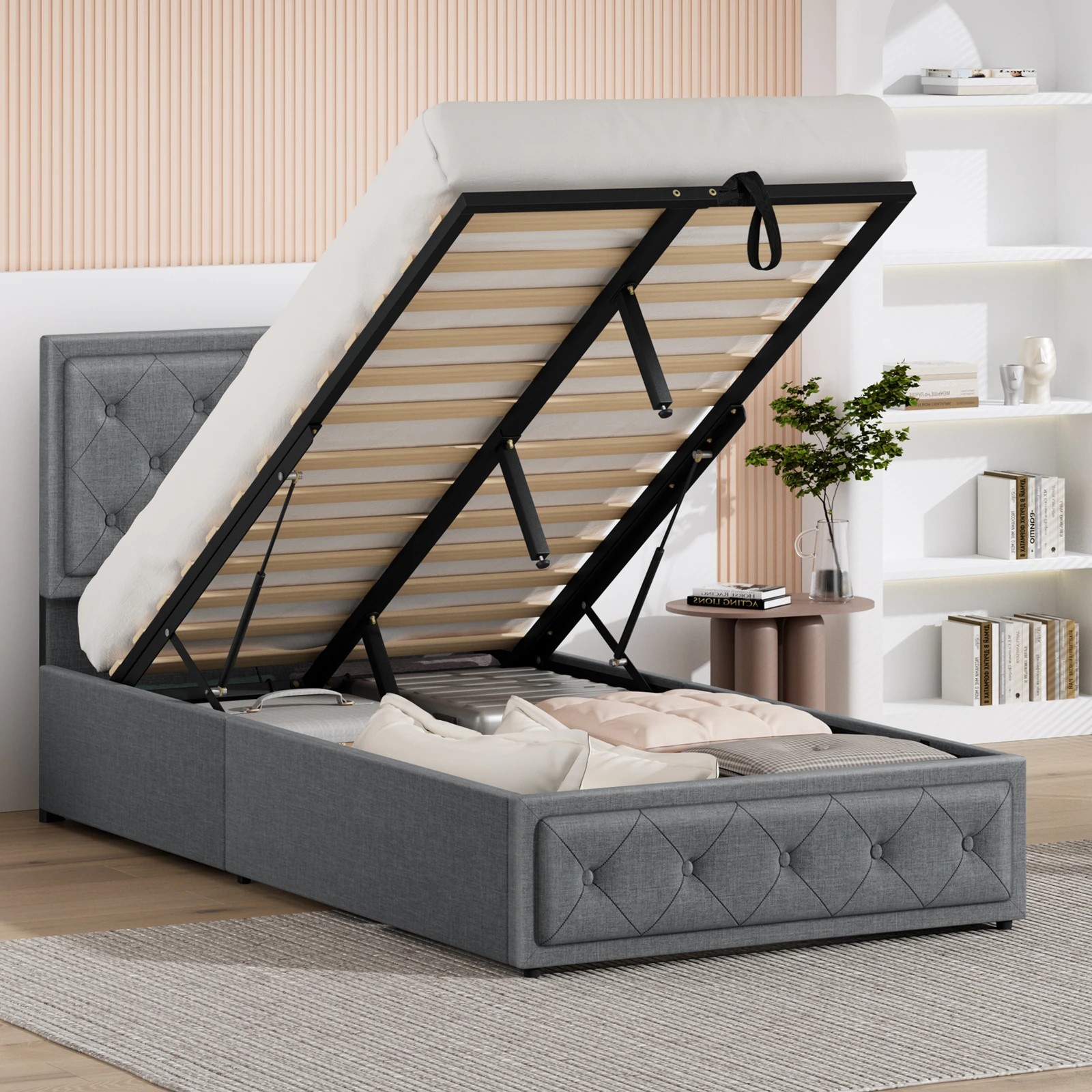 4 Alfordson Bed Frame King Single Gas Lift Storage Mattress Base Fabric Dinana - Grey, 4 of 10