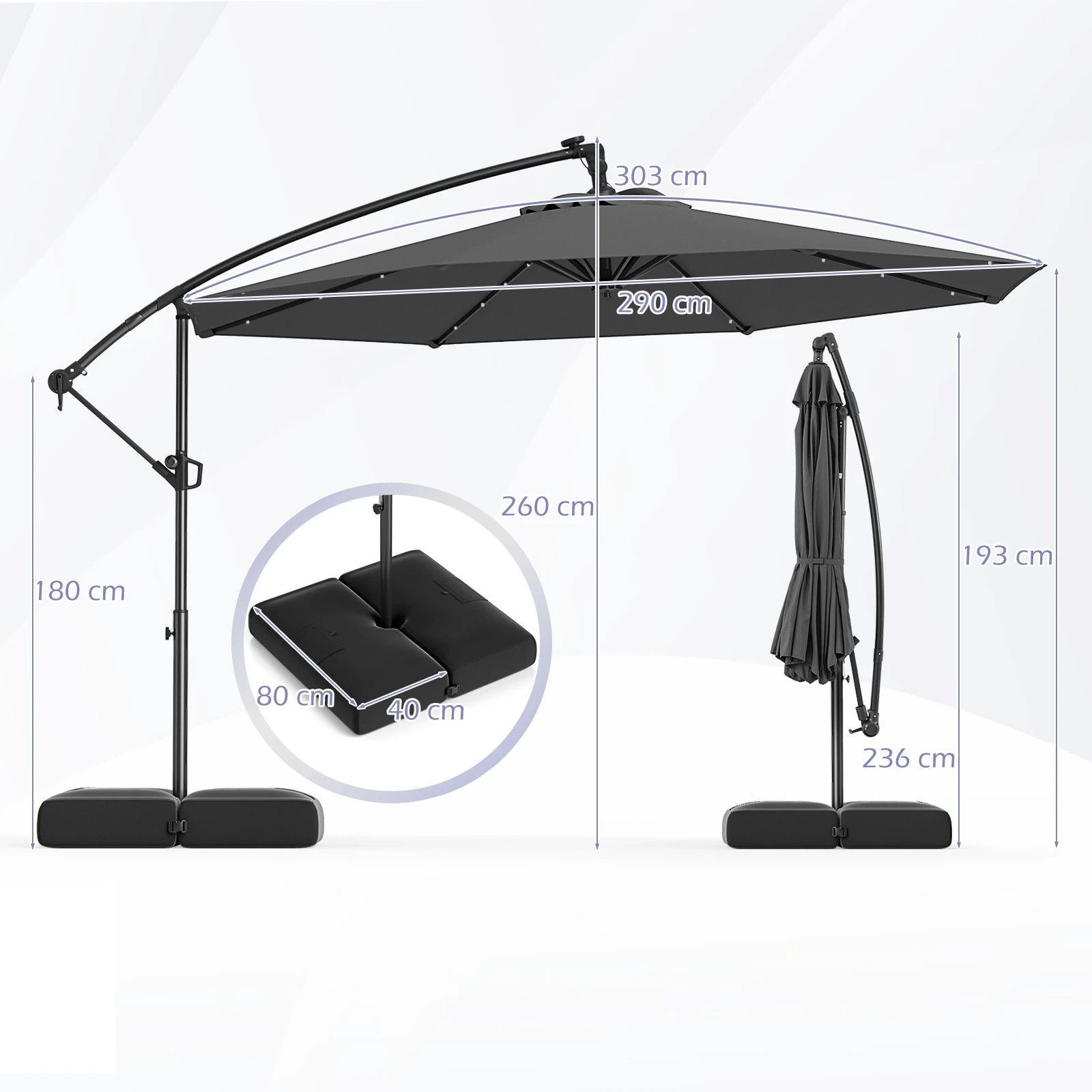 4 Costway 3m Solar Offset Outdoor LED Umbrella Cantilever, 4 of 6