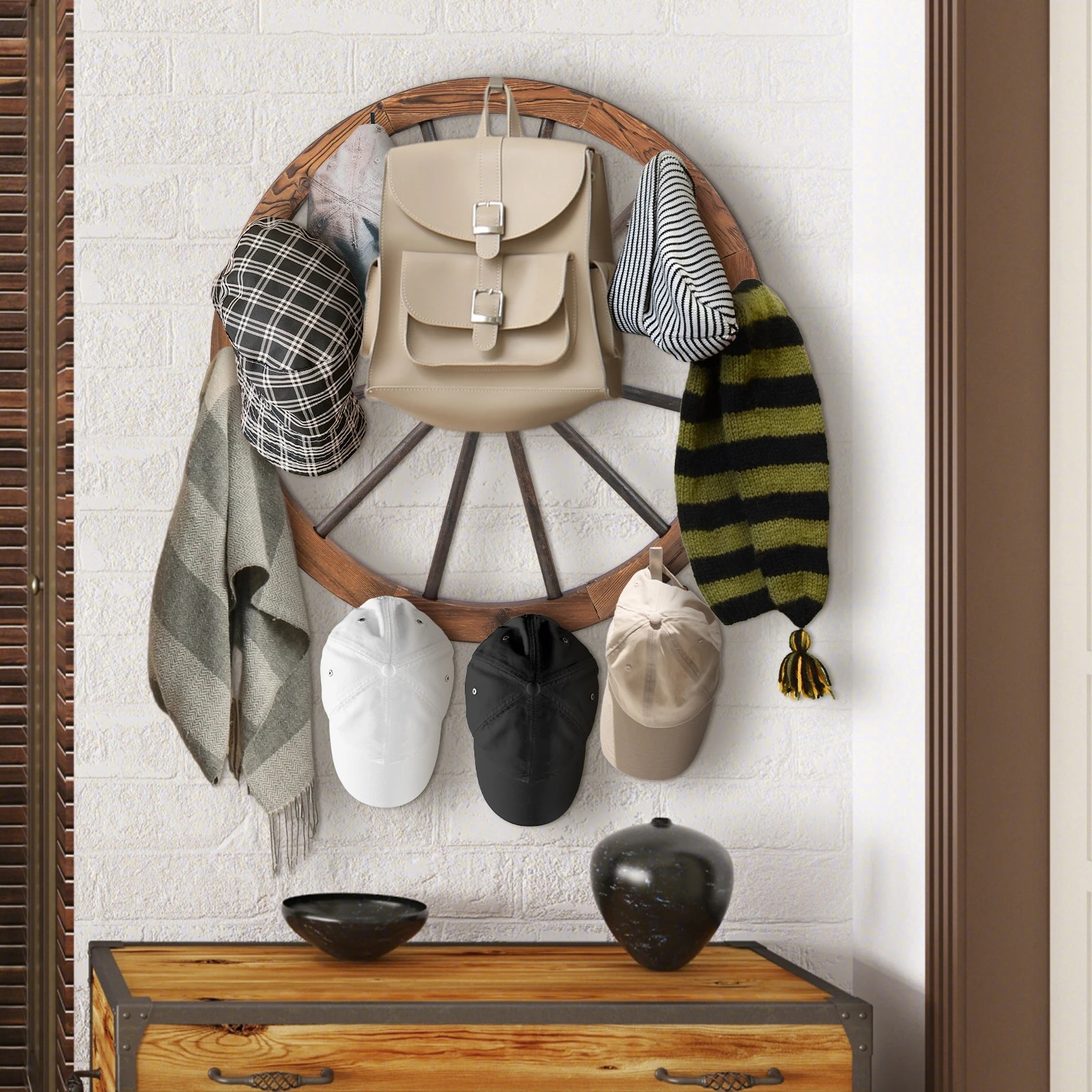 3 Costway 4PCS 76cm Decorative Wood Wagon Wheels Hanging Wall Decor Garden Outdoor Ornament, 3 of 3