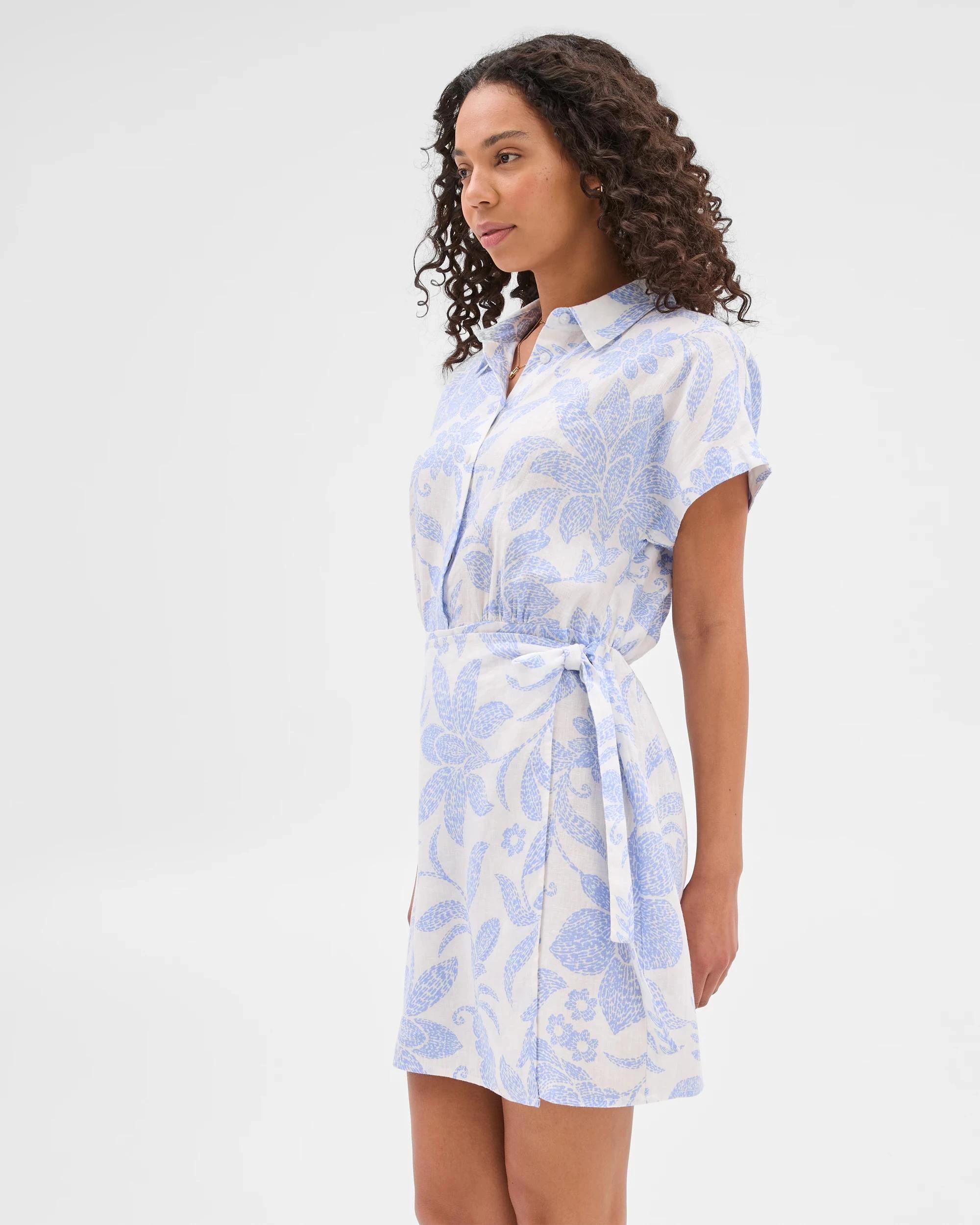 2 Target Woman European Linen Tiered Wrap Mini Dress BLUE/WHITE PRINT, 2 of 5