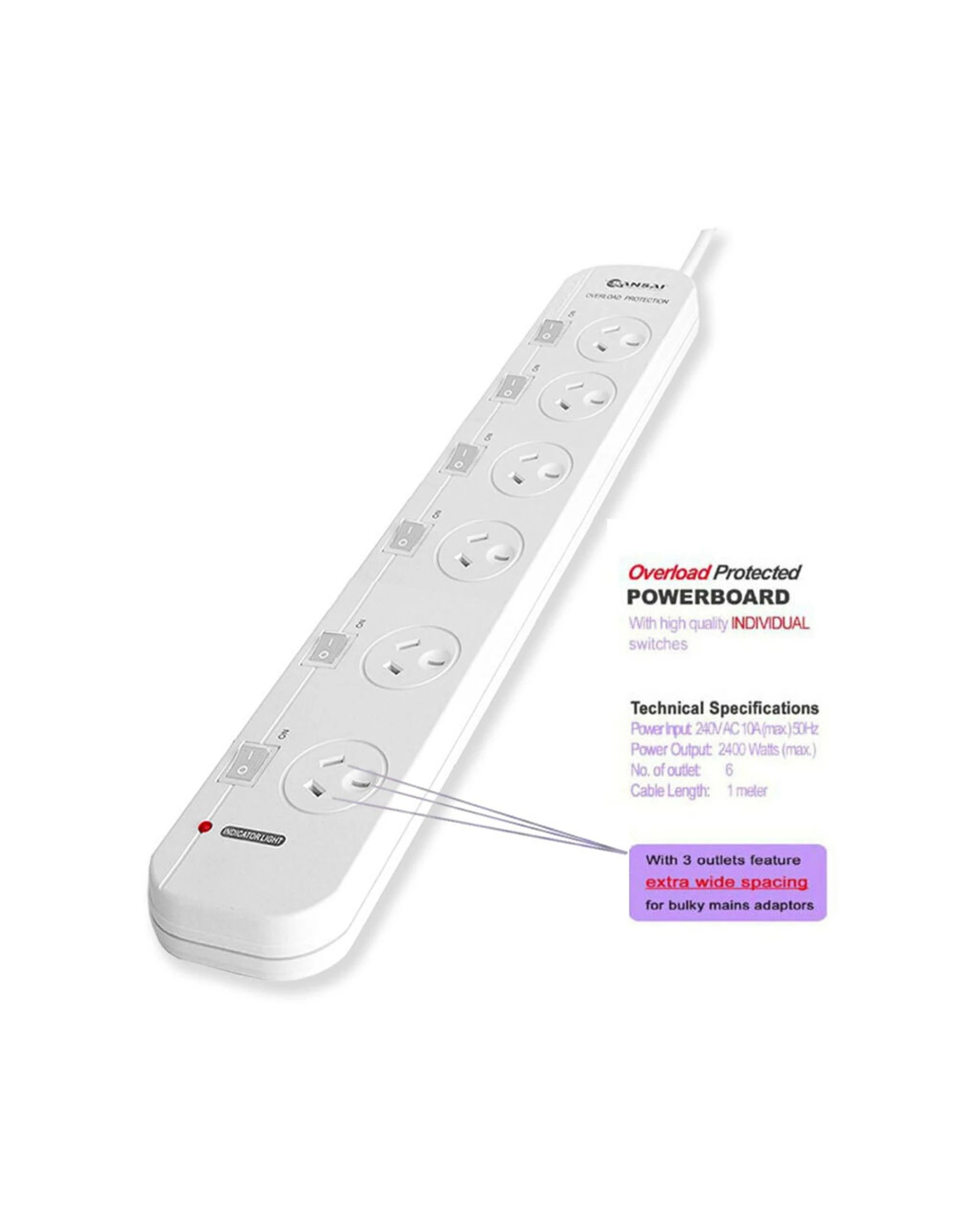2 Sansai 6 Way Individually Switched Outlets Powerboard With Overload Protection - White, 2 of 3