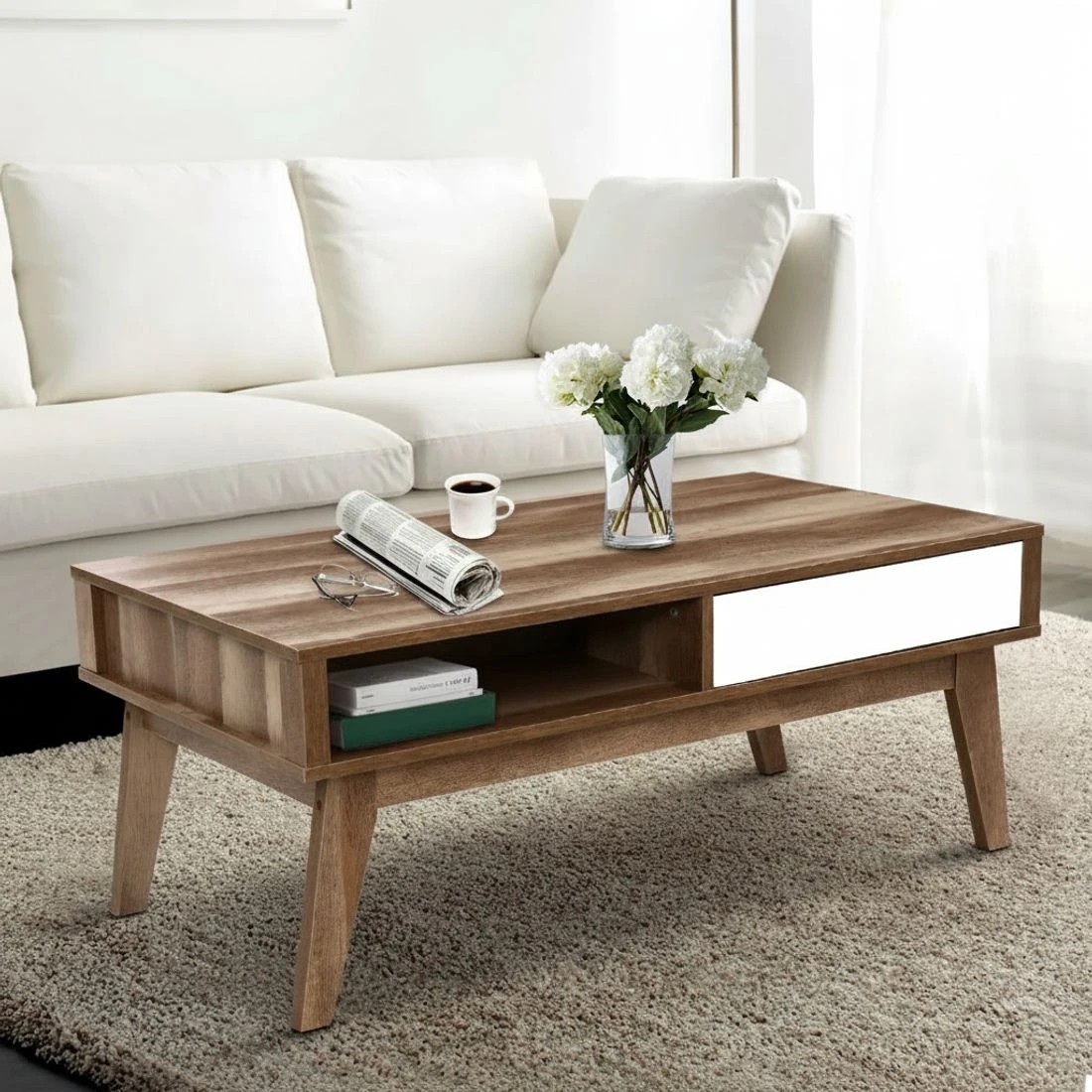 6 Artiss Coffee Table 2 Drawers Walnut Serena - Brown, 6 of 7