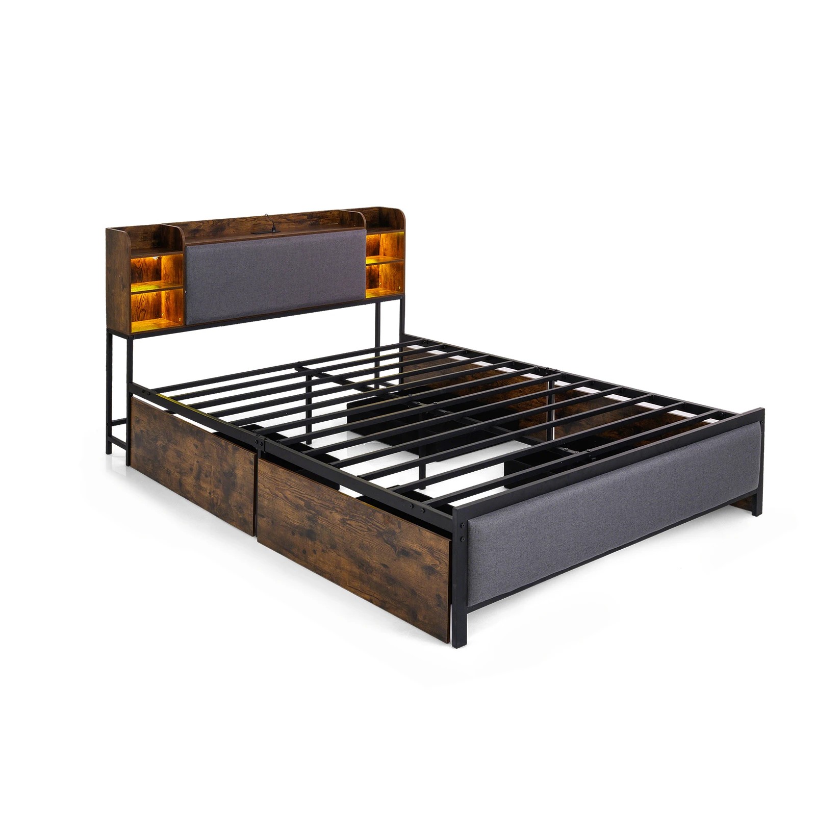 1 Costway Queen LED Bed Frame Charging Station Platform Bed Headboard Footboard 4 Storage Drawers, 1 of 4