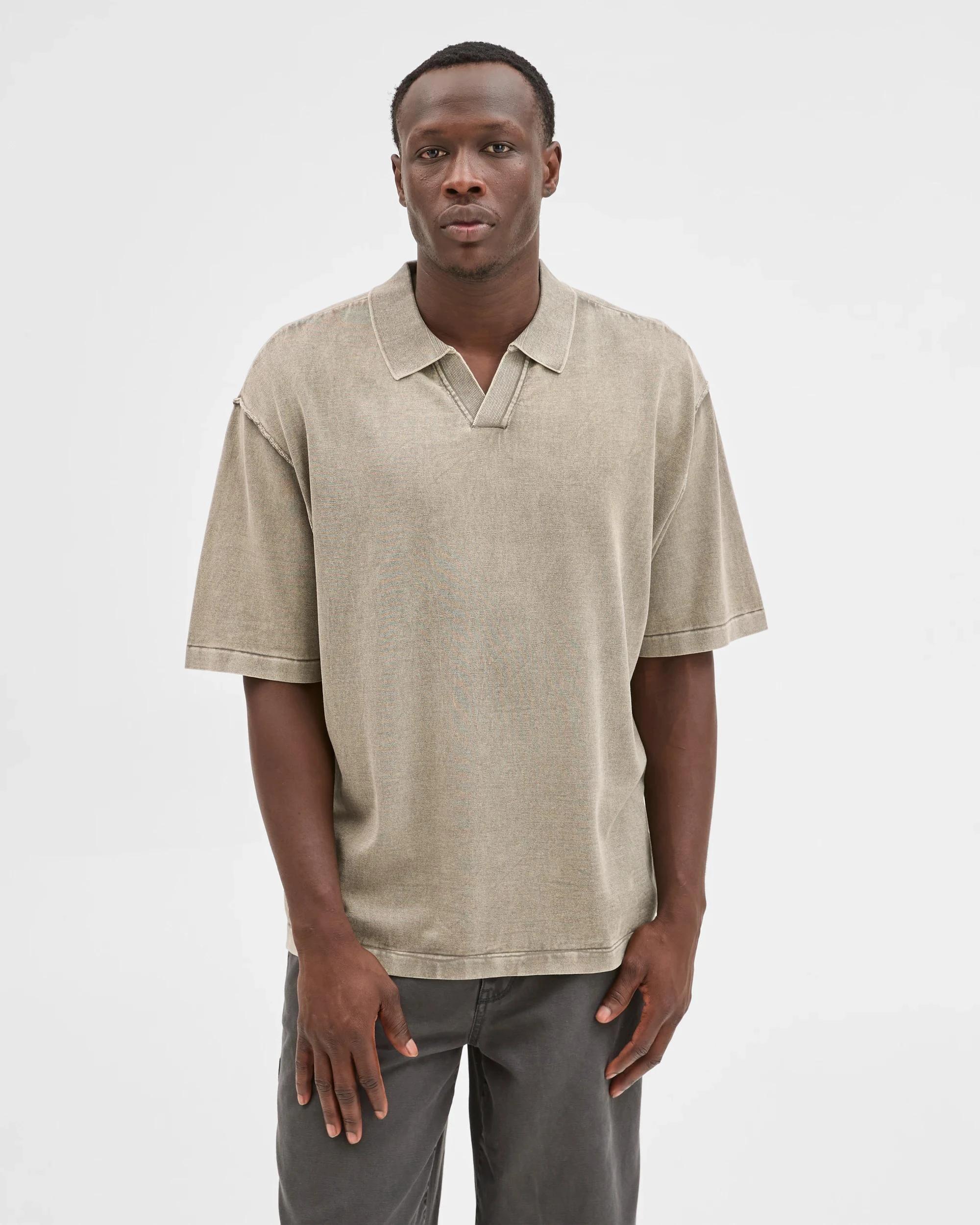 1 Commons Australian Cotton Knit Polo Top STONE KHAKI, 1 of 6