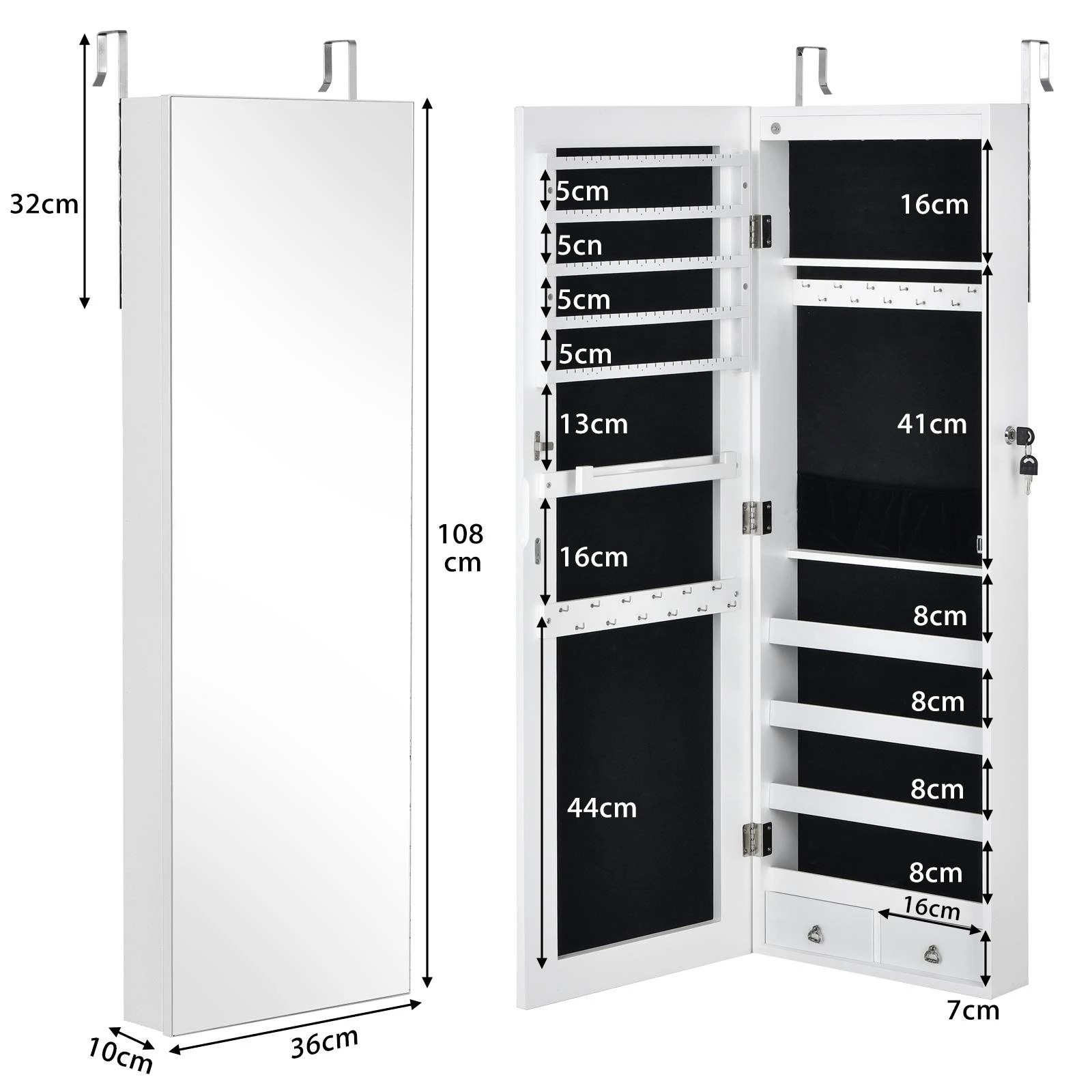 2 Costway Mirrored LED Jewellery Cabinet Wall/Door Mounted Jewelry Armoire w/2 Drawers Box Organizer - White, 2 of 4