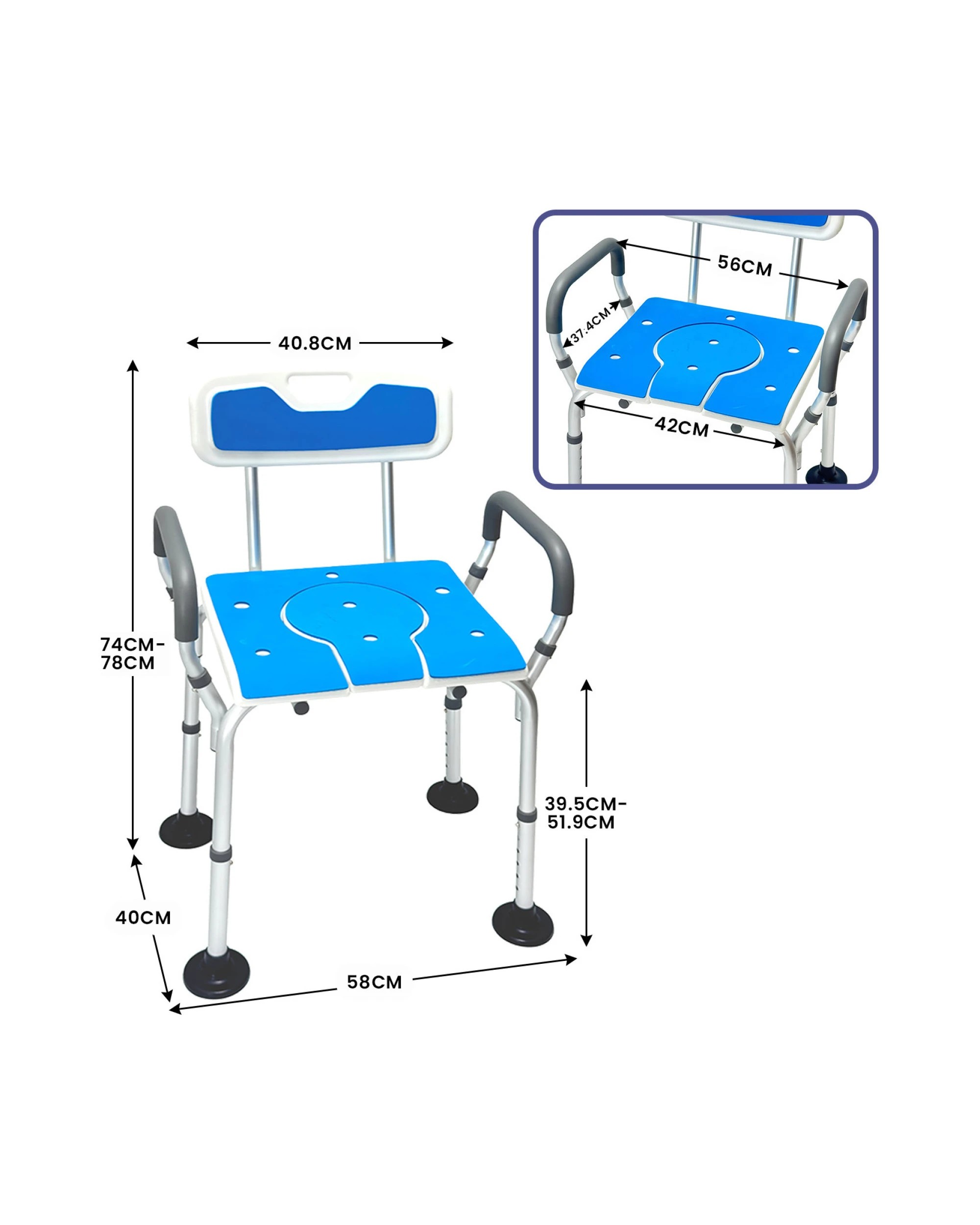 2 Orthonica Height Adjustable Aluminium Commode Shower Chair Armrests Backrest Soft Stool Seat Bathroom Aid - Blue, 2 of 4