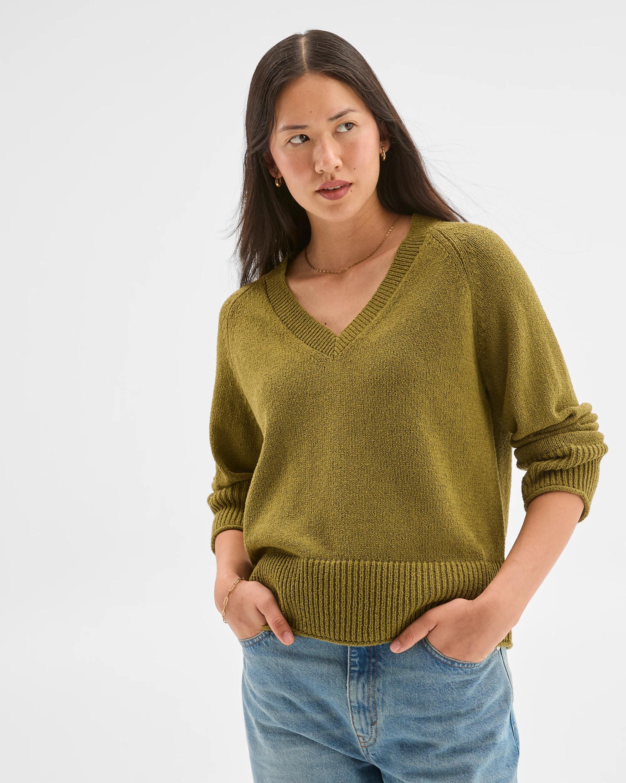 1 Target Woman Australian Cotton Blend Boucle V-Neck Jumper OLIVE, 1 of 5