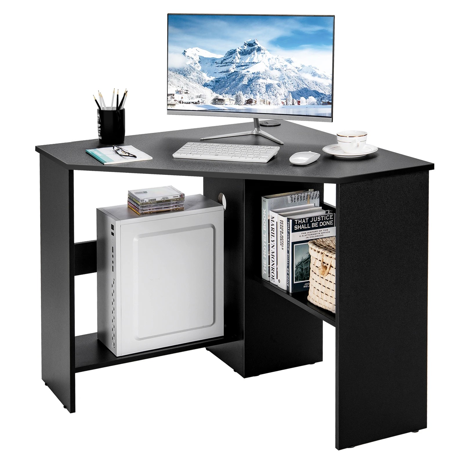 10 Costway Corner Home Office Desk Computer Writing Table - Black, 10 of 10
