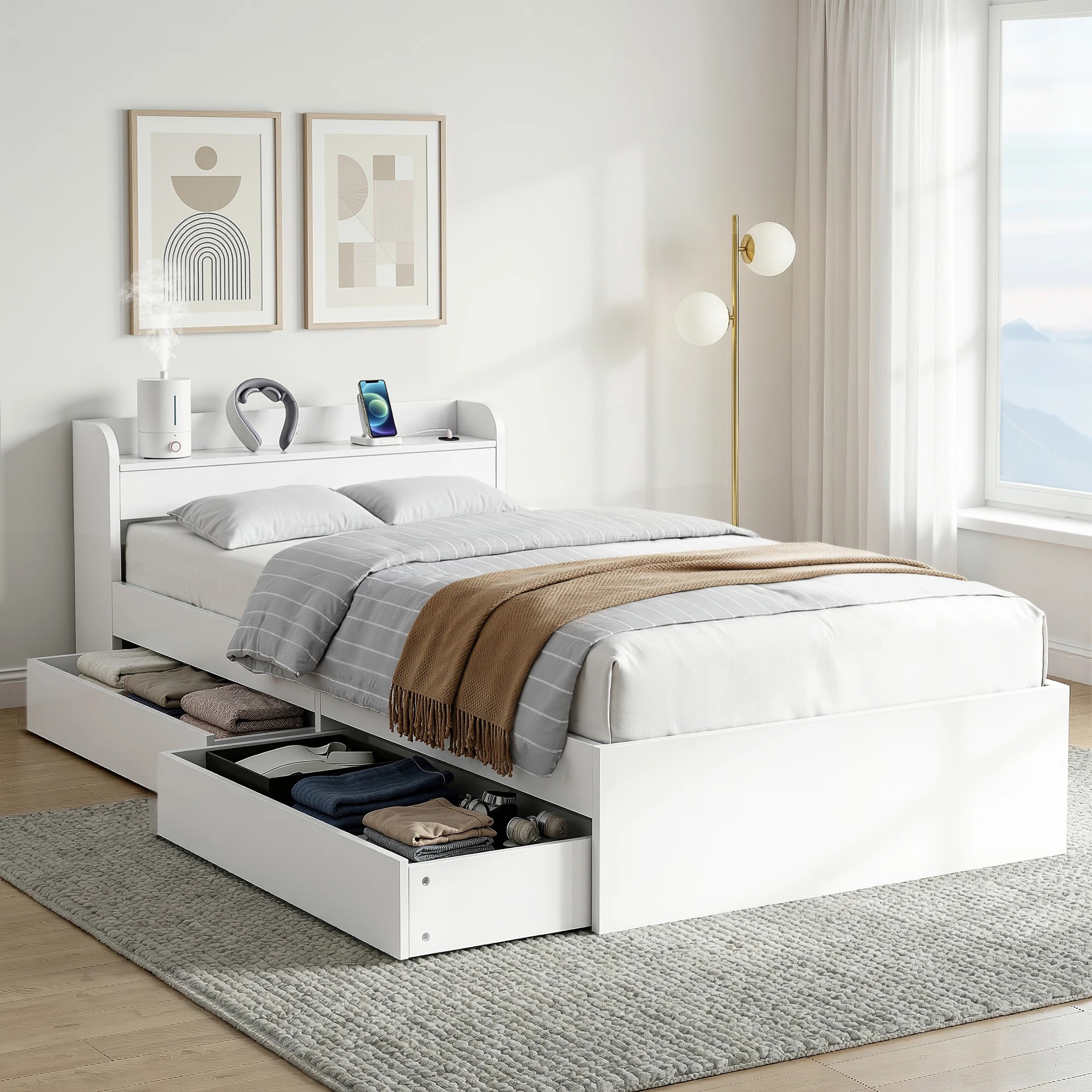 10 Artiss Bed Frame King Single Size with Charging Ports and 2 Drawers - White, 10 of 10