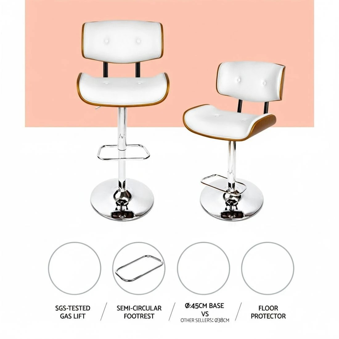 3 Artiss 2x Bar Stools Gas Lift Leather - White, 3 of 5