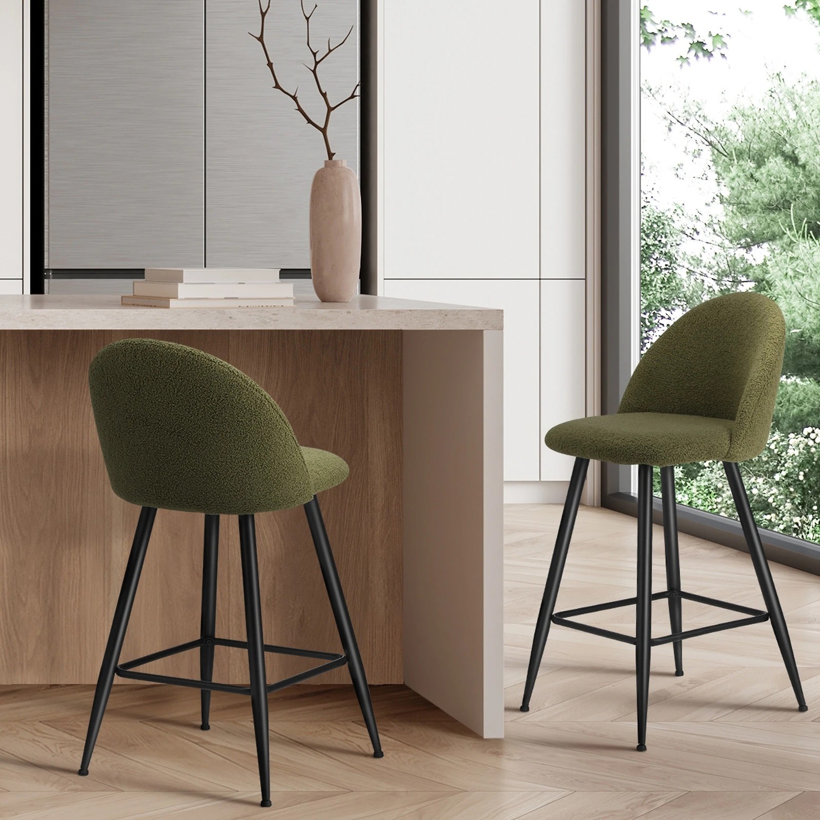 3 Oikiture 2x Bar Stools Kitchen Dining Chairs Counter Stool Boucle Padded
 - Green, 3 of 10