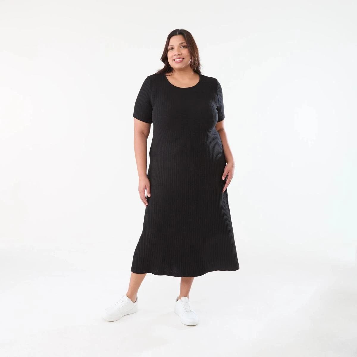 1 Curve Short Sleeve Ribbed Midi Dress BLACK, 1 of 5